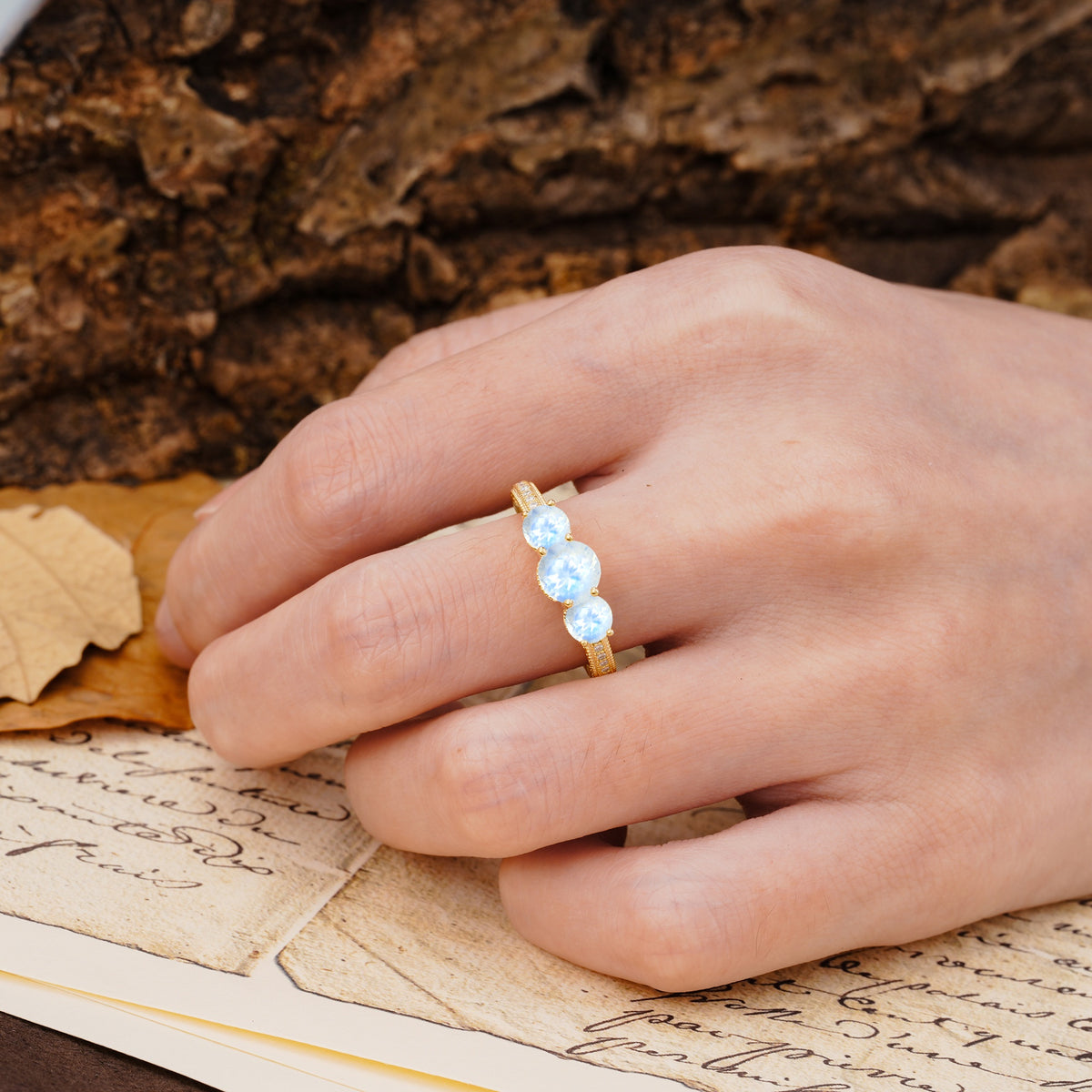 Classic Simplicity 4-Prong Round Cut Moonstone Three Stones Wedding Ring - Additional view