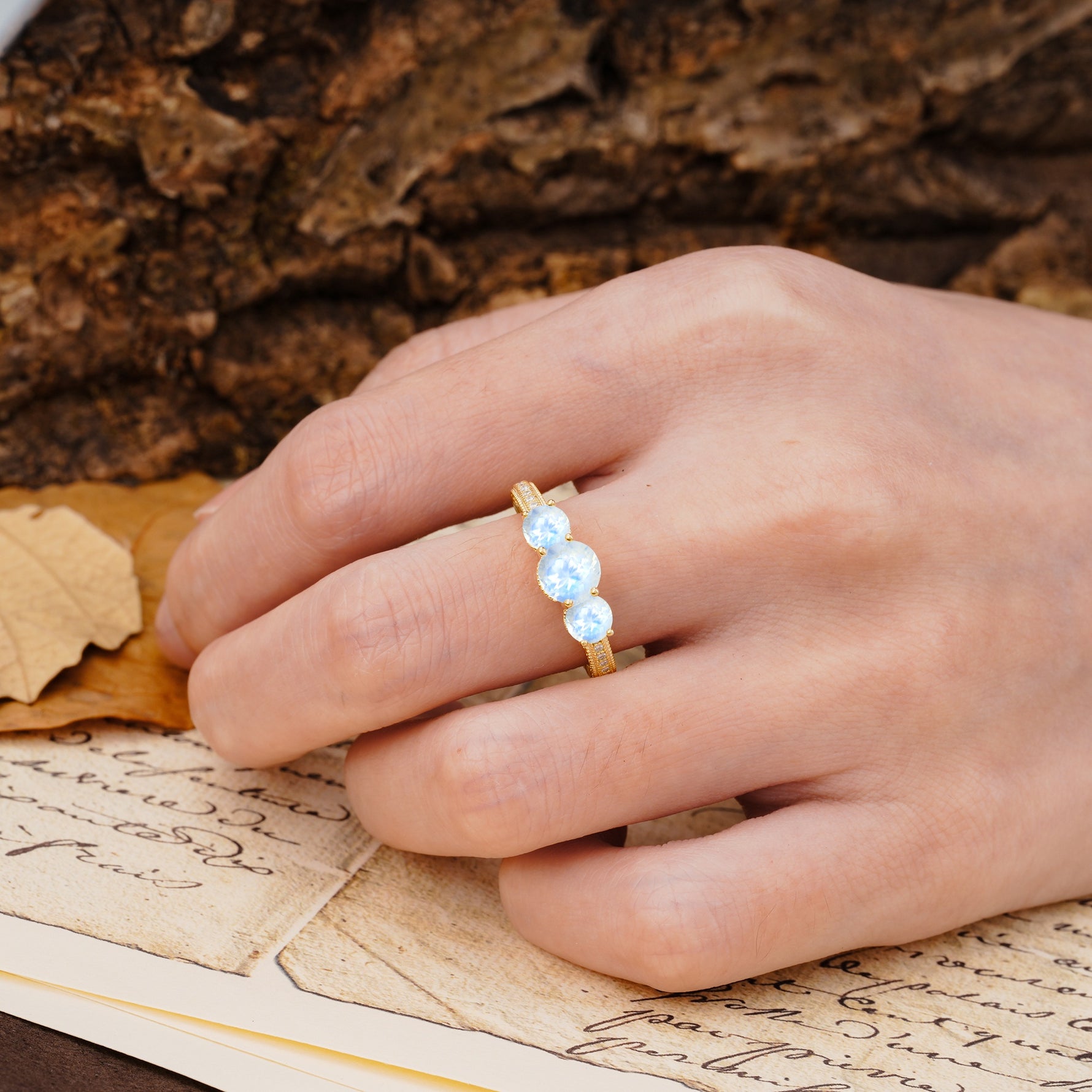 Classic Simplicity 4-Prong Round Cut Moonstone Three Stones Wedding Ring - Additional view