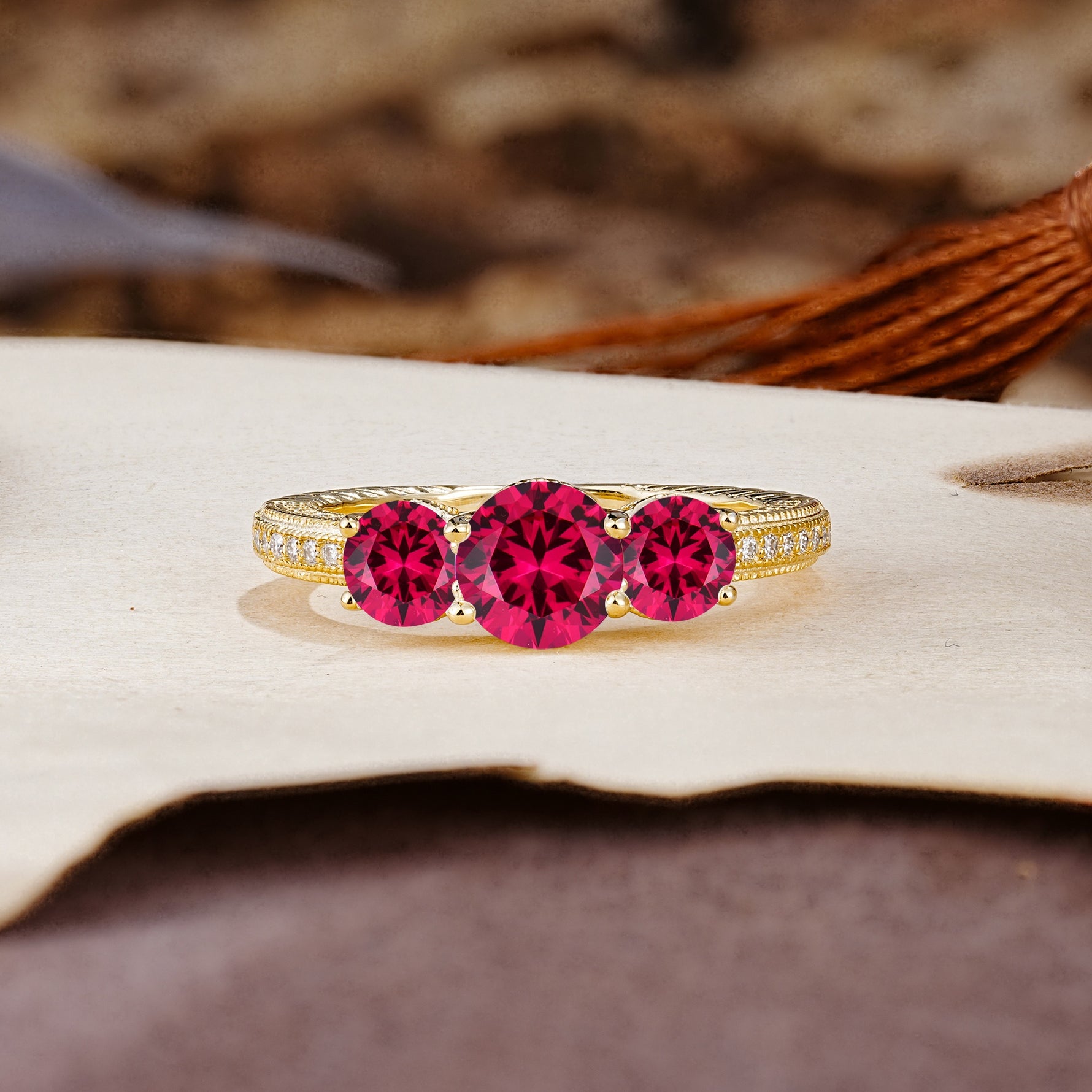 Classic Simplicity 4-Prong Round Cut Ruby Three Stones Wedding Ring - Additional view