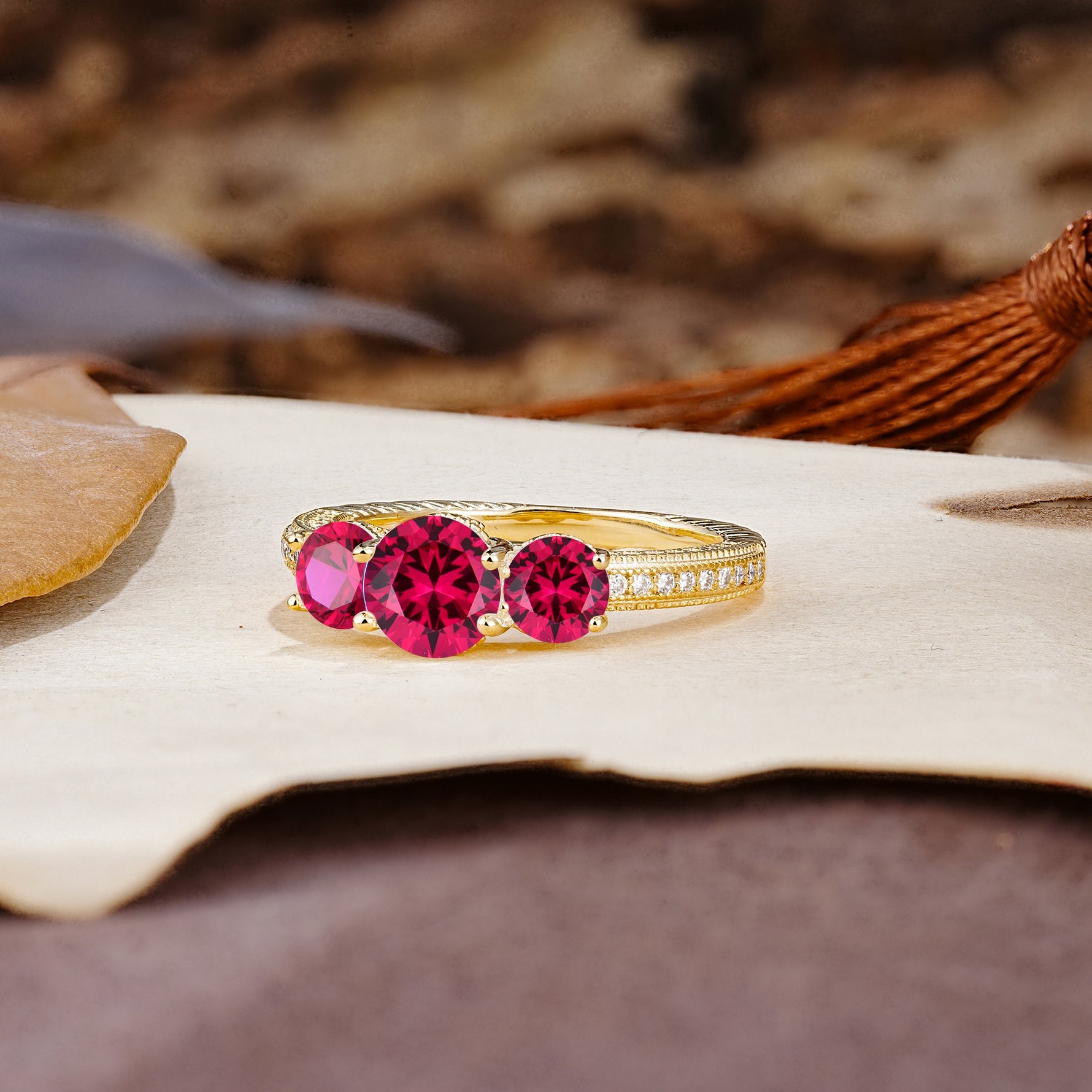 Classic Simplicity 4-Prong Round Cut Ruby Three Stones Wedding Ring - Additional view