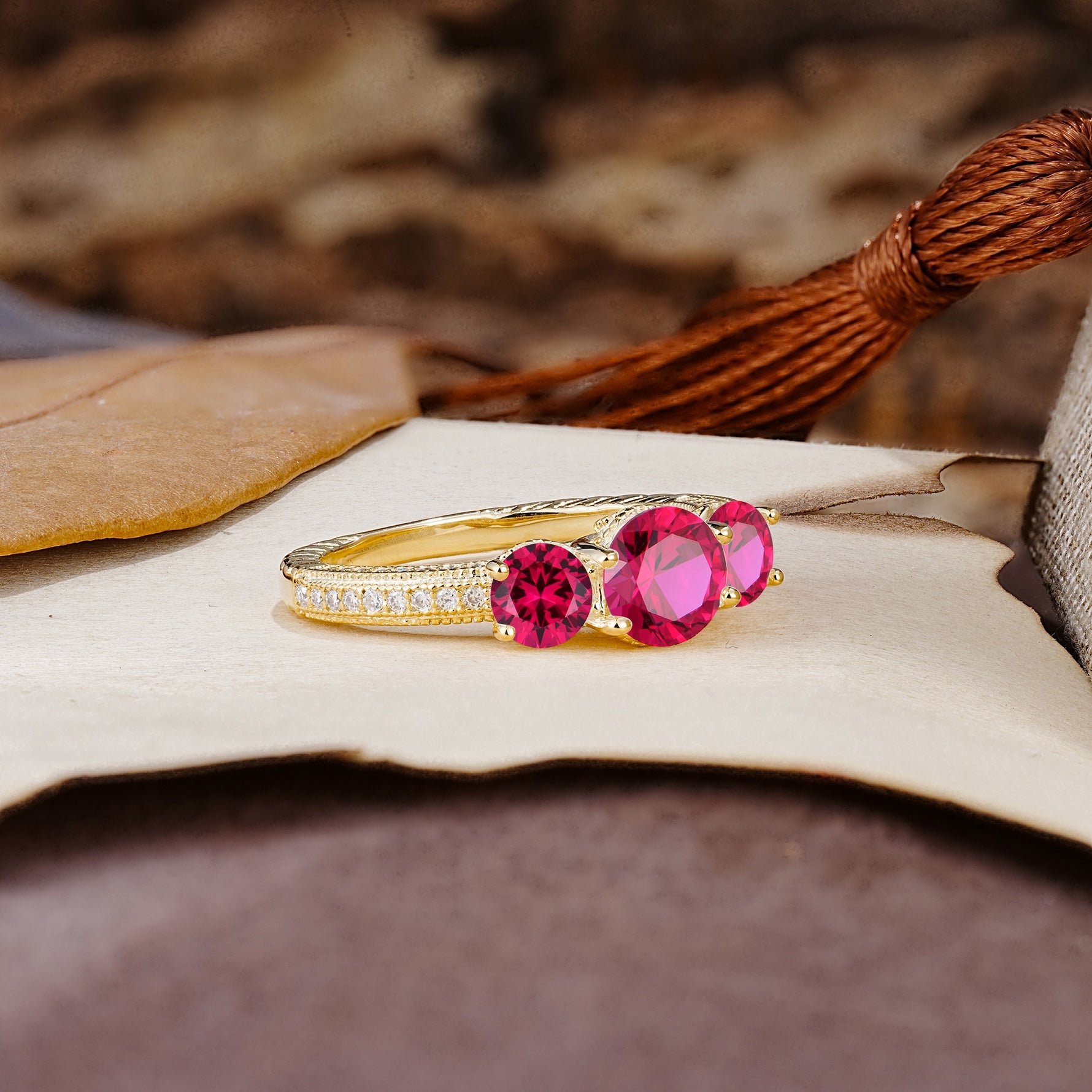 Classic Simplicity 4-Prong Round Cut Ruby Three Stones Wedding Ring - Additional view