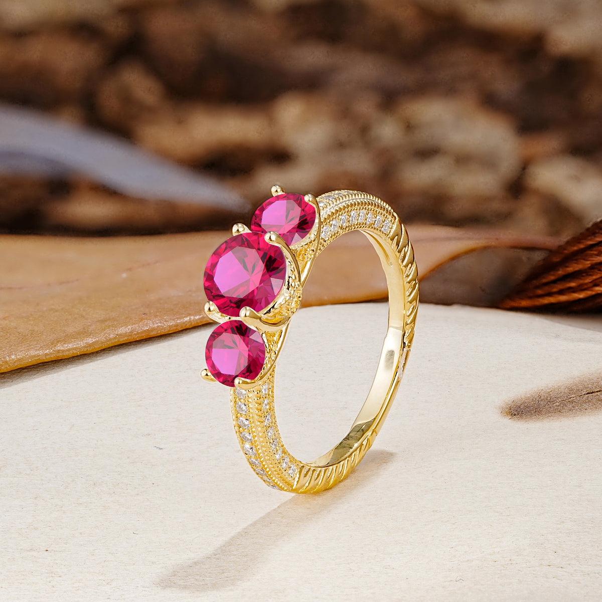 Classic Simplicity 4-Prong Round Cut Ruby Three Stones Wedding Ring - Additional view