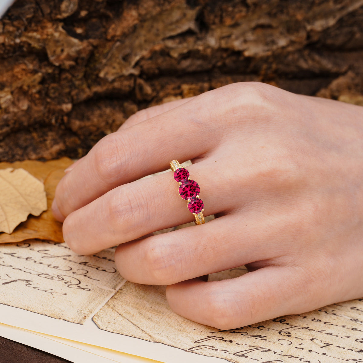 Classic Simplicity 4-Prong Round Cut Ruby Three Stones Wedding Ring - Additional view