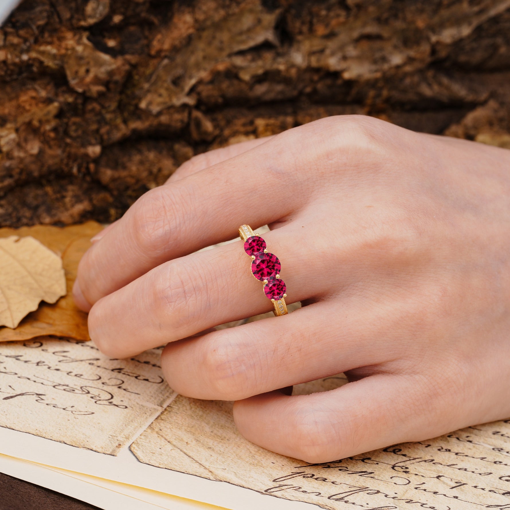Classic Simplicity 4-Prong Round Cut Ruby Three Stones Wedding Ring - Additional view