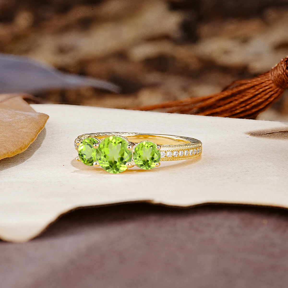 Classic Simplicity 4-Prong Round Cut Peridot Three Stones Wedding Ring - Additional view