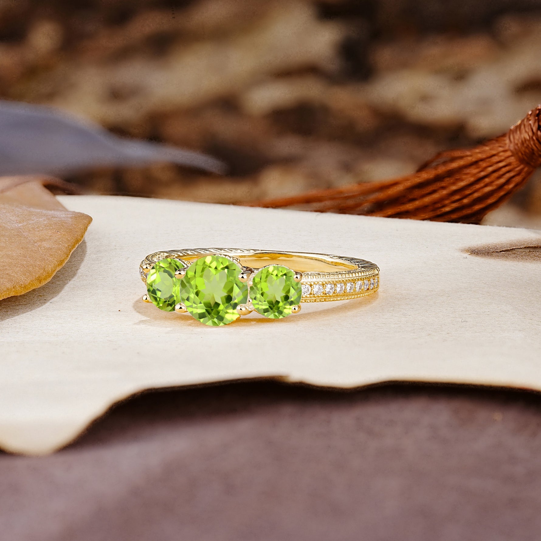 Classic Simplicity 4-Prong Round Cut Peridot Three Stones Wedding Ring - Additional view