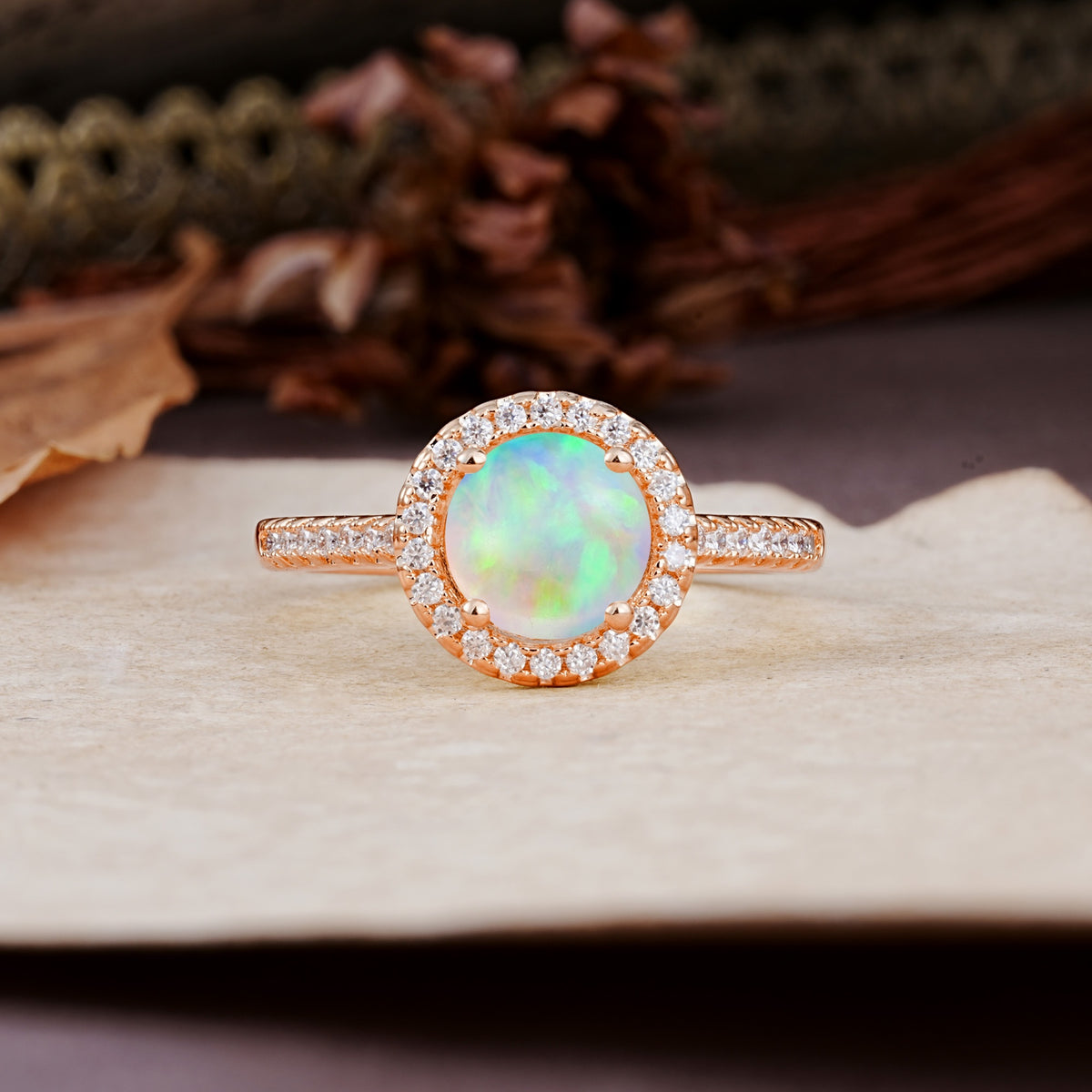 Luxurious, Vintage, and Dazzling 4-Prong Round-Cut Fire Opal Engagement Ring - Additional view