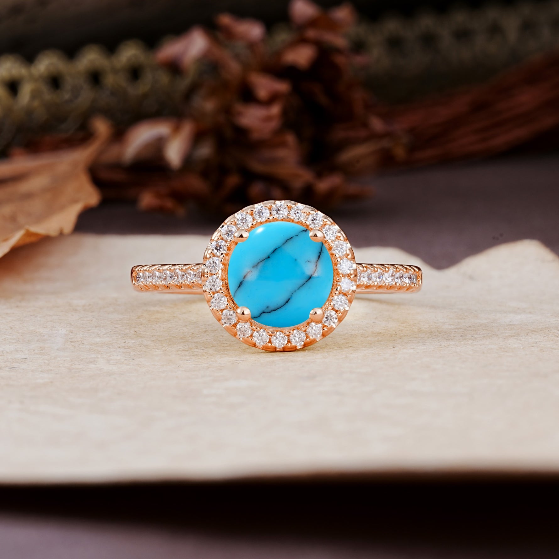 Luxurious, Vintage, and Dazzling 4-Prong Round-Cut Turquoise Engagement Ring - Additional view