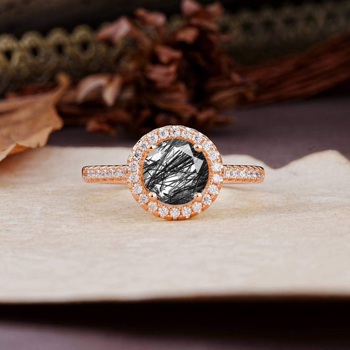 Luxurious, Vintage, and Dazzling 4-Prong Round-Cut Black Rutilated Quartz Engagement Ring - Additional view