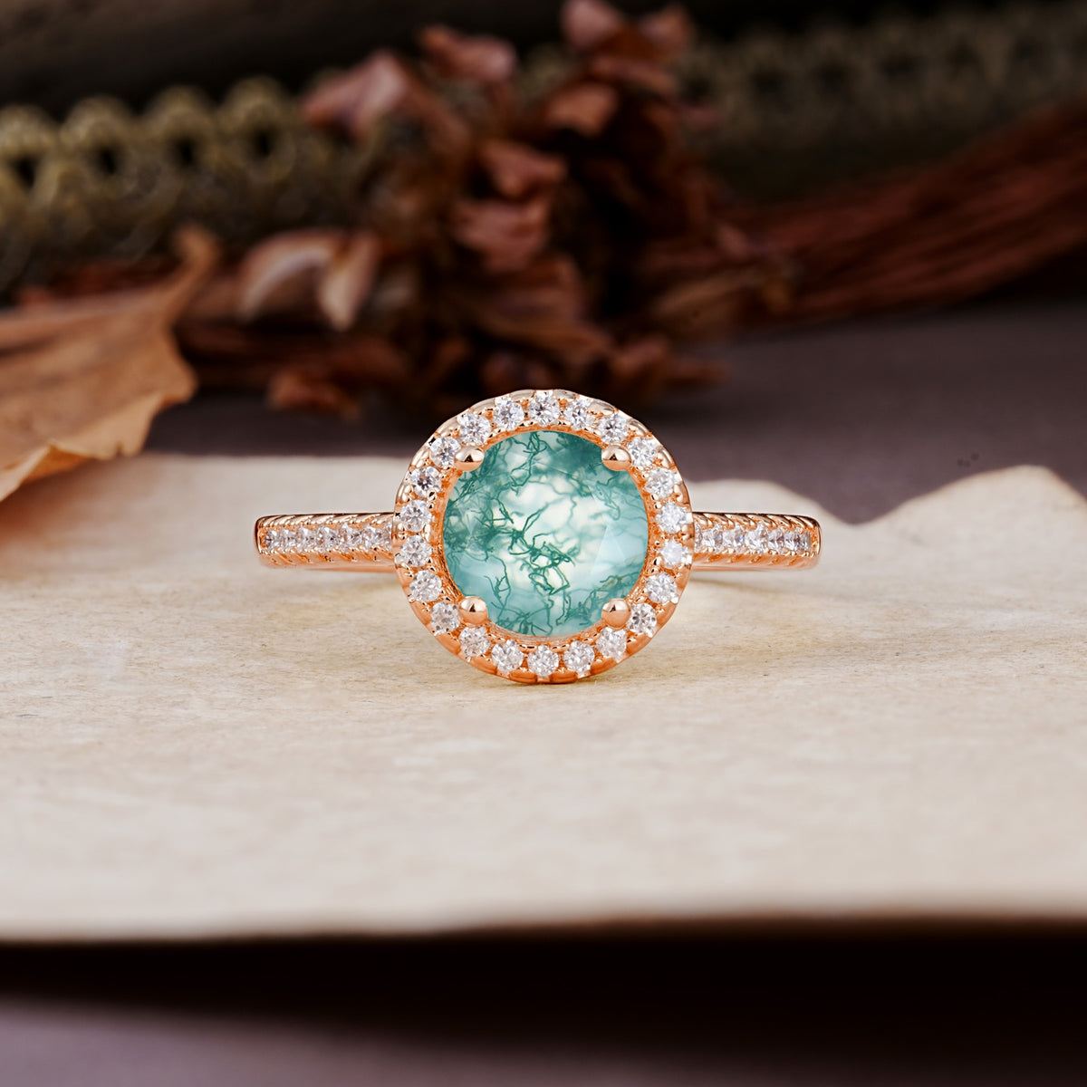 Luxurious, Vintage, and Dazzling 4-Prong Round-Cut Moss Agate Engagement Ring - Additional view