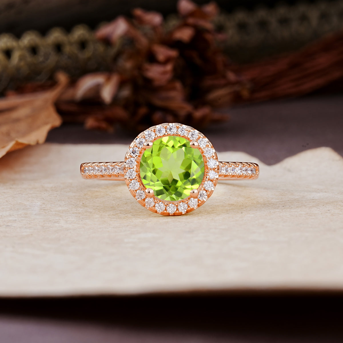 Luxurious, Vintage, and Dazzling 4-Prong Round-Cut Peridot Engagement Ring - Additional view