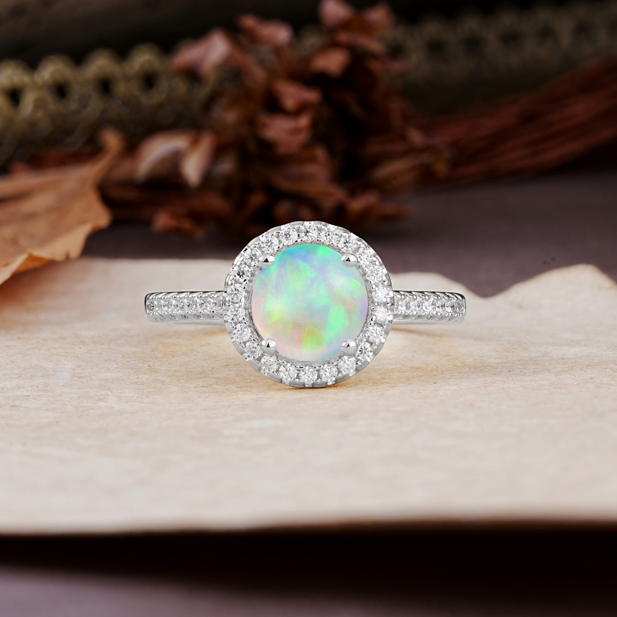 Luxurious, Vintage, and Dazzling 4-Prong Round-Cut Fire Opal Engagement Ring - Additional view