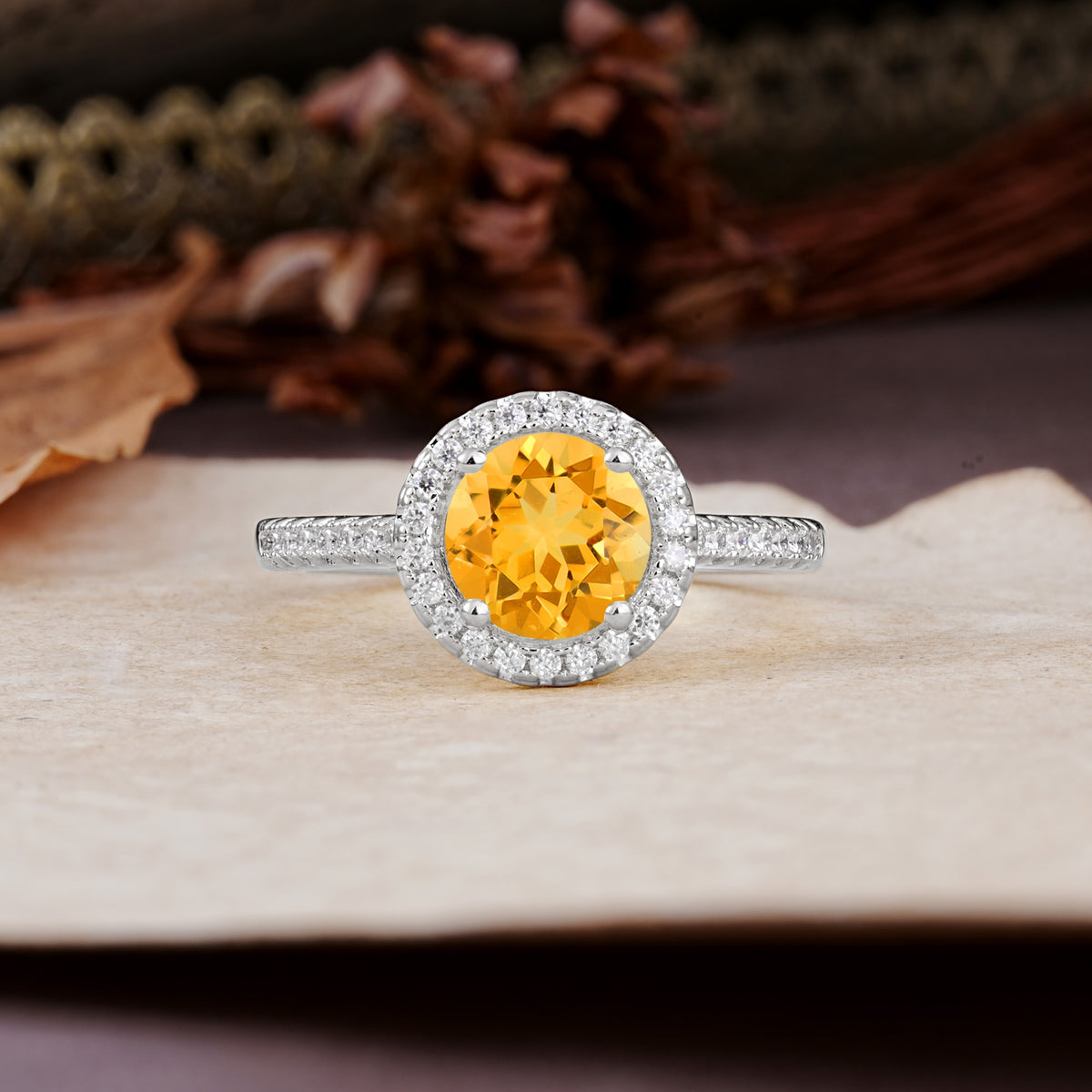 Luxurious, Vintage, and Dazzling 4-Prong Round-Cut Citrine Engagement Ring - Additional view