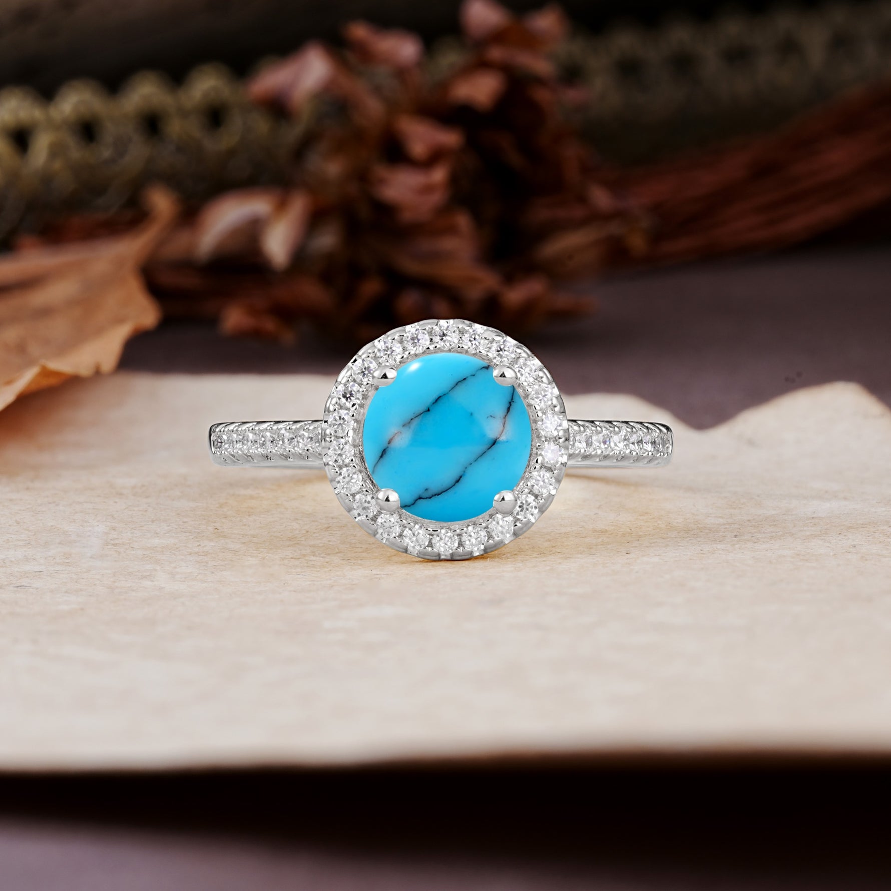 Luxurious, Vintage, and Dazzling 4-Prong Round-Cut Turquoise Engagement Ring - Additional view
