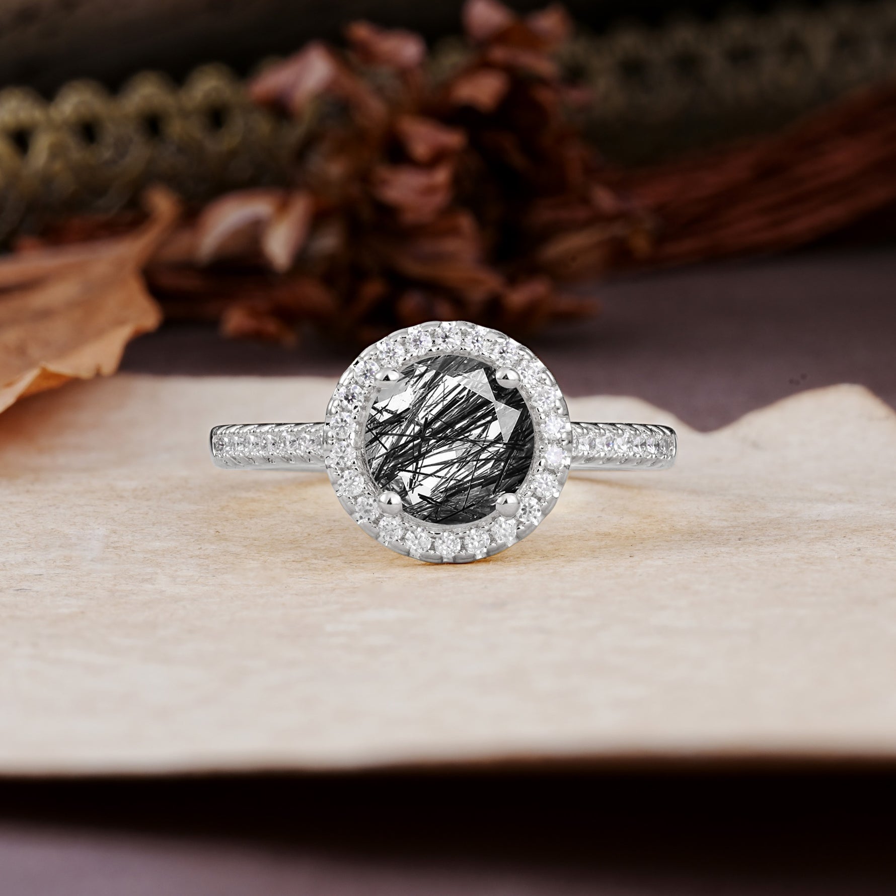 Luxurious, Vintage, and Dazzling 4-Prong Round-Cut Black Rutilated Quartz Engagement Ring - Additional view