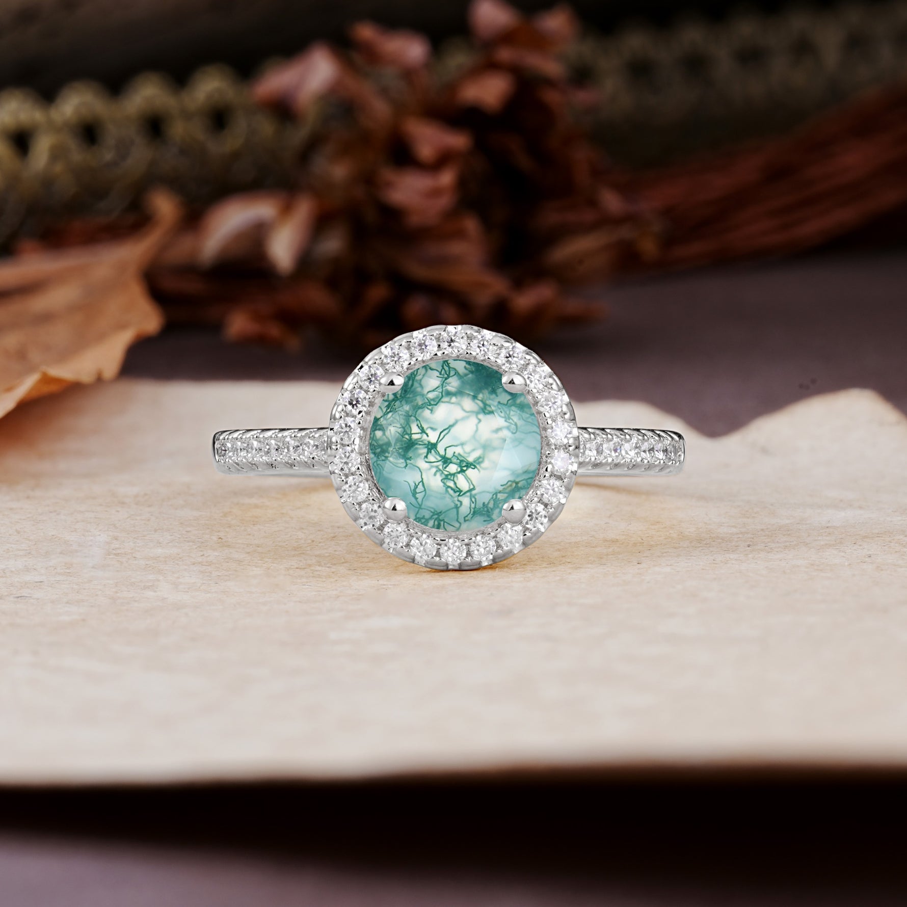 Luxurious, Vintage, and Dazzling 4-Prong Round-Cut Moss Agate Engagement Ring - Additional view