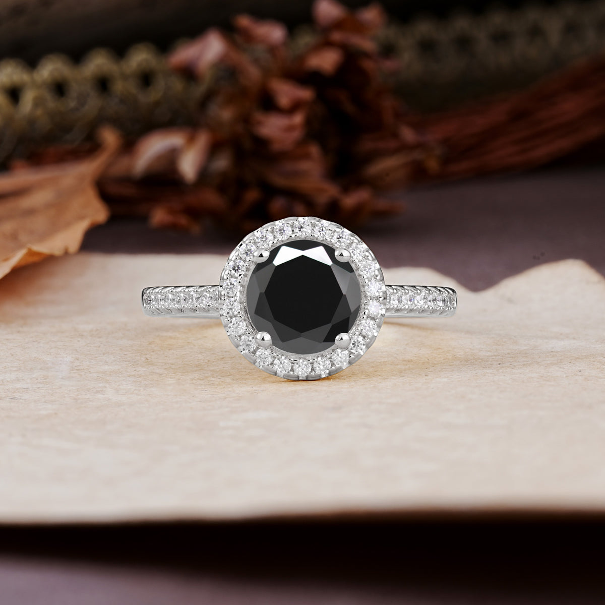 Luxurious, Vintage, and Dazzling 4-Prong Round-Cut Black Onyx Engagement Ring - Additional view