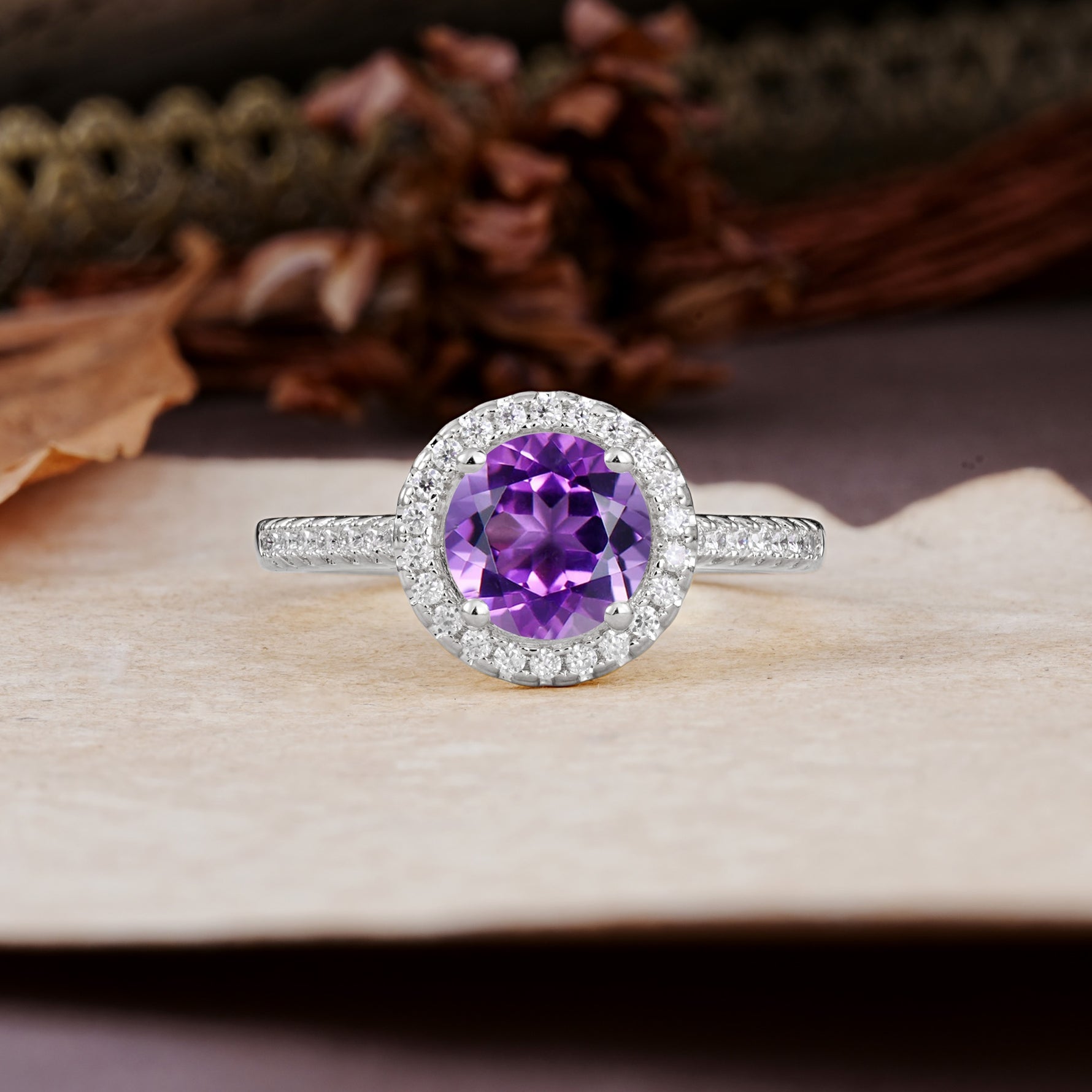 Luxurious, Vintage, and Dazzling 4-Prong Round-Cut Amethyst Engagement Ring - Additional view