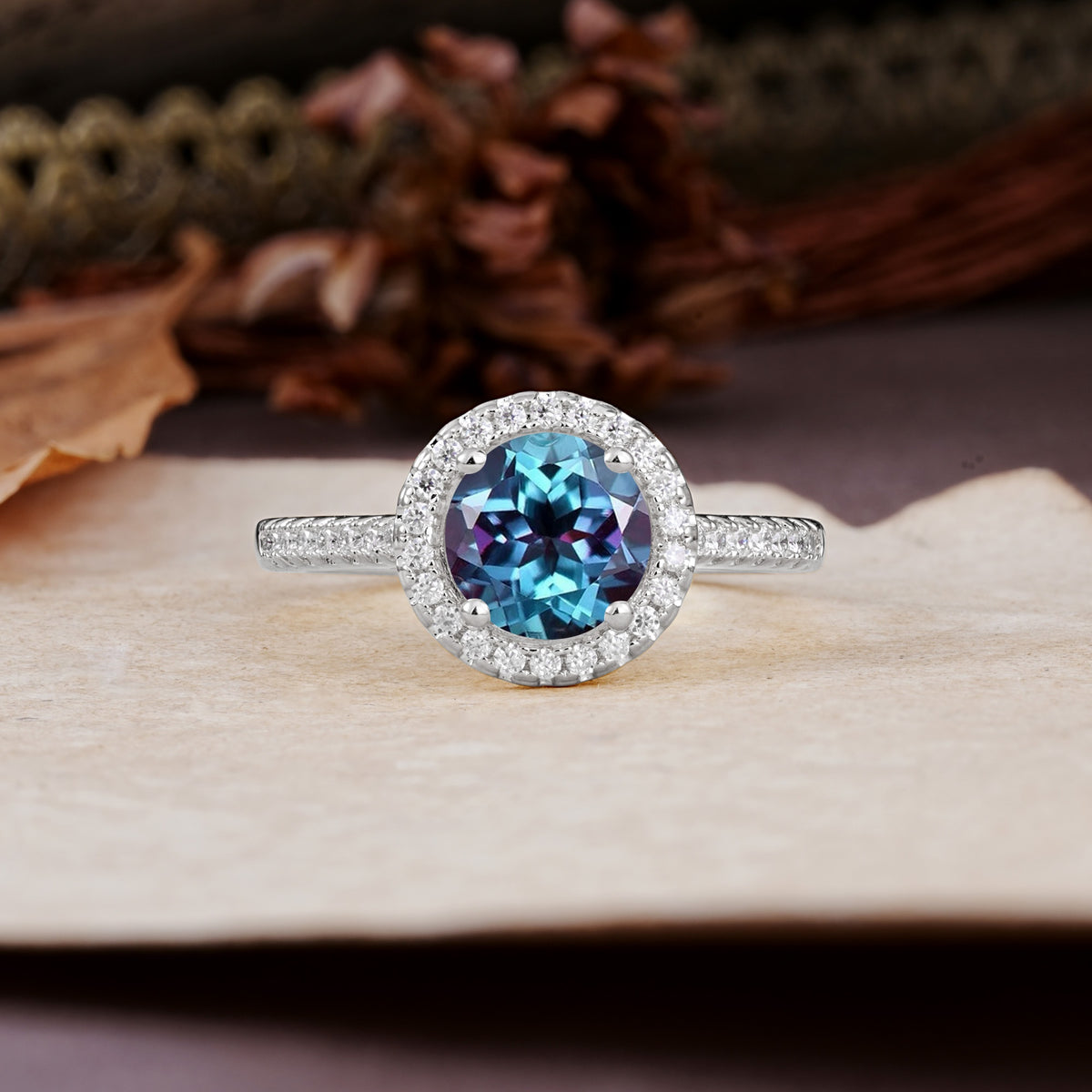 Luxurious, Vintage, and Dazzling 4-Prong Round-Cut Alexandrite Engagement Ring - Additional view
