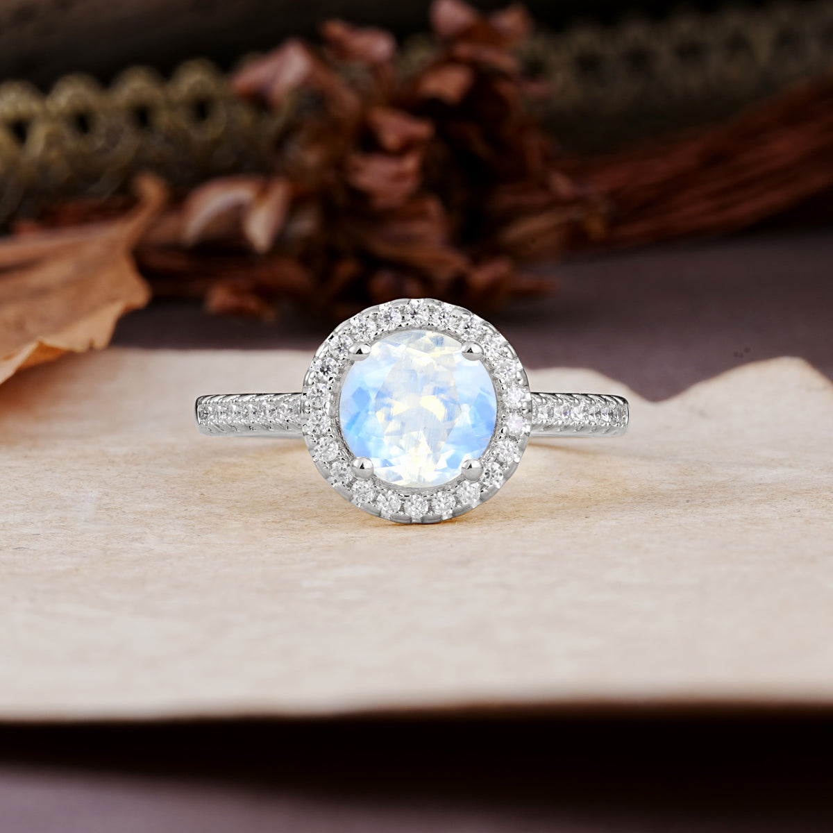 Luxurious, Vintage, and Dazzling 4-Prong Round-Cut Moonstone Engagement Ring - Additional view