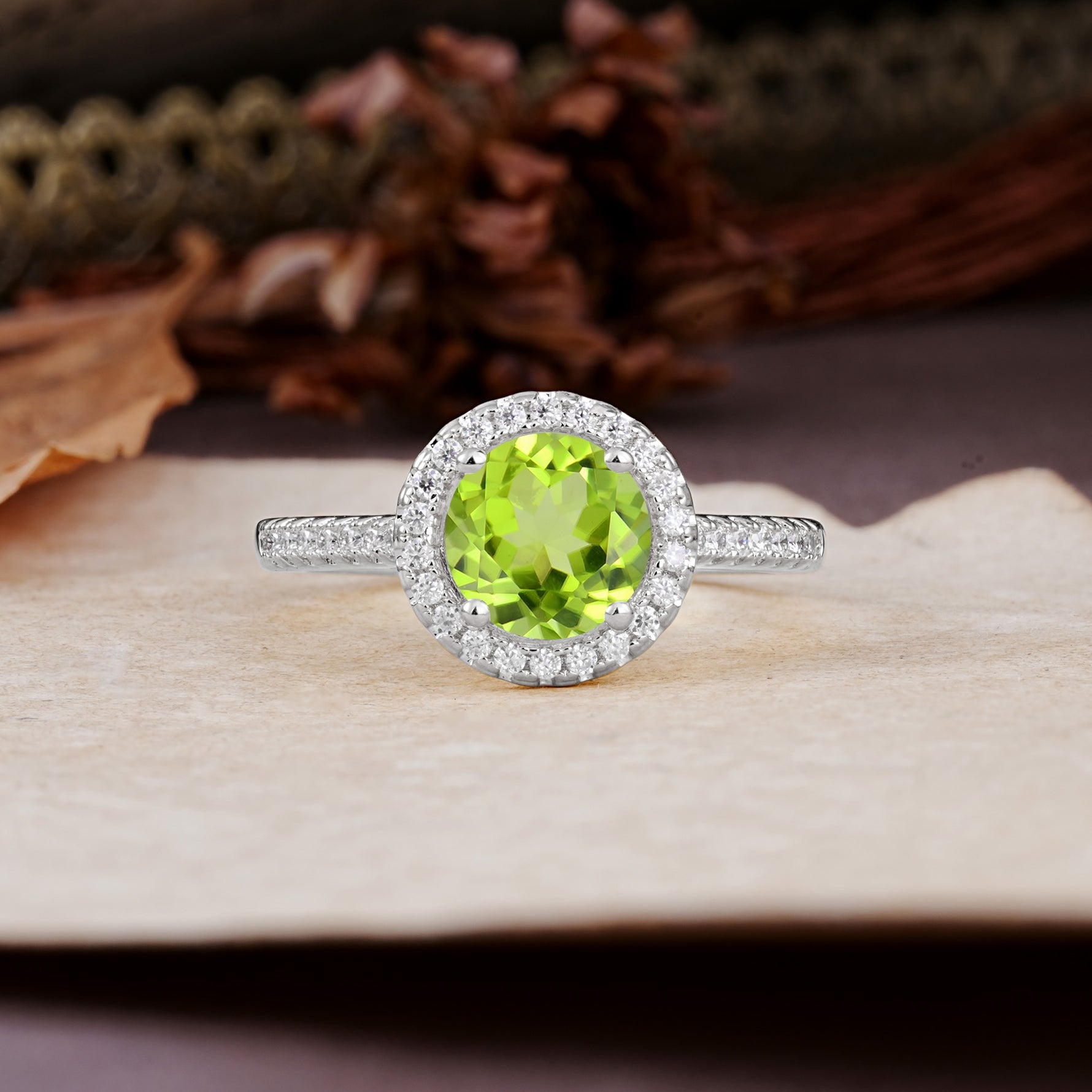 Luxurious, Vintage, and Dazzling 4-Prong Round-Cut Peridot Engagement Ring - Additional view