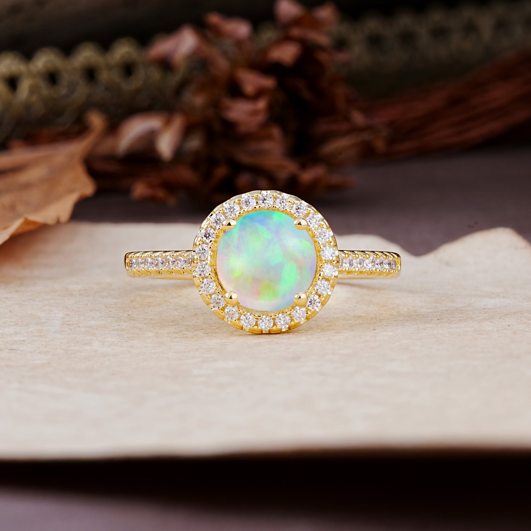 Luxurious, Vintage, and Dazzling 4-Prong Round-Cut Fire Opal Engagement Ring - Additional view