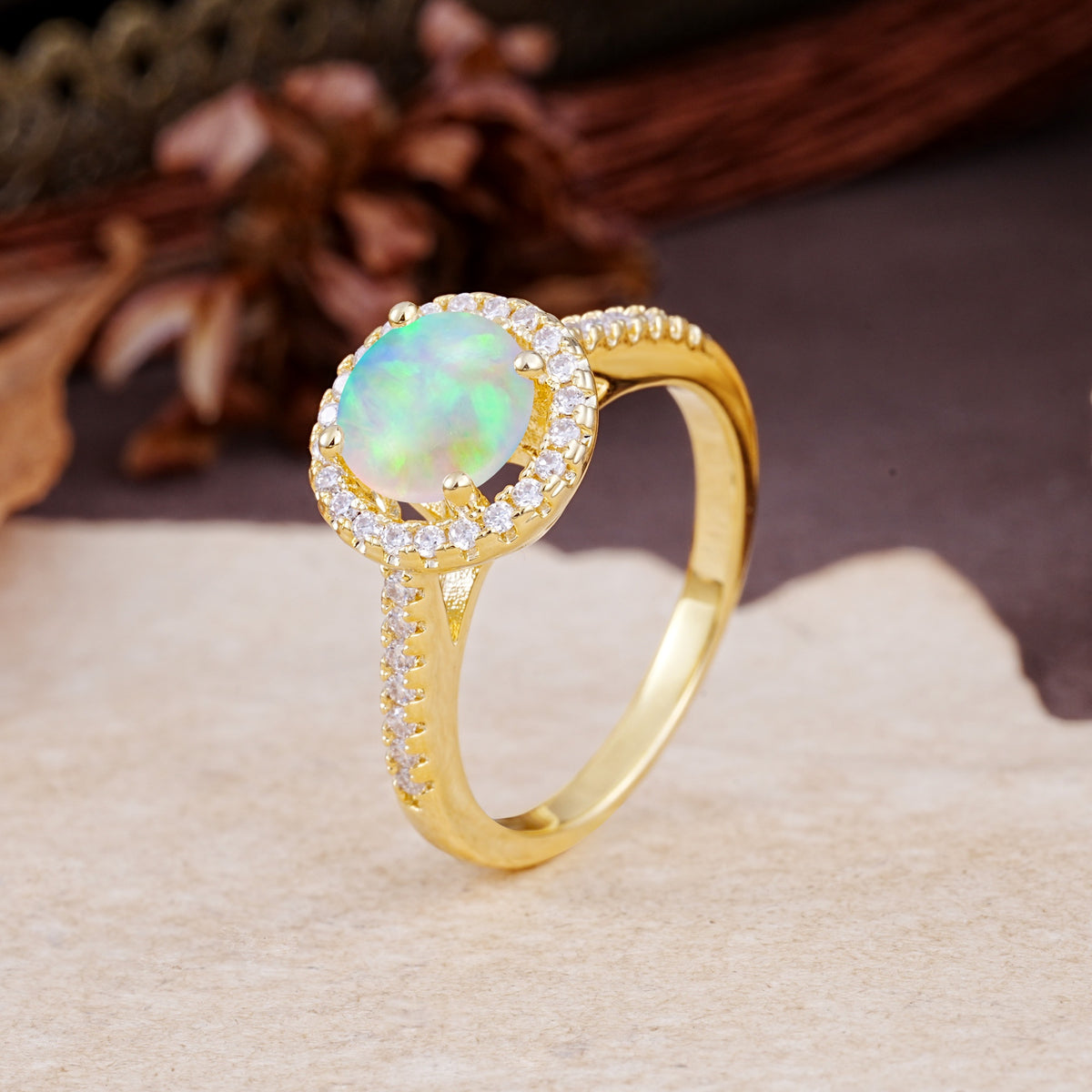Luxurious, Vintage, and Dazzling 4-Prong Round-Cut Fire Opal Engagement Ring - Additional view
