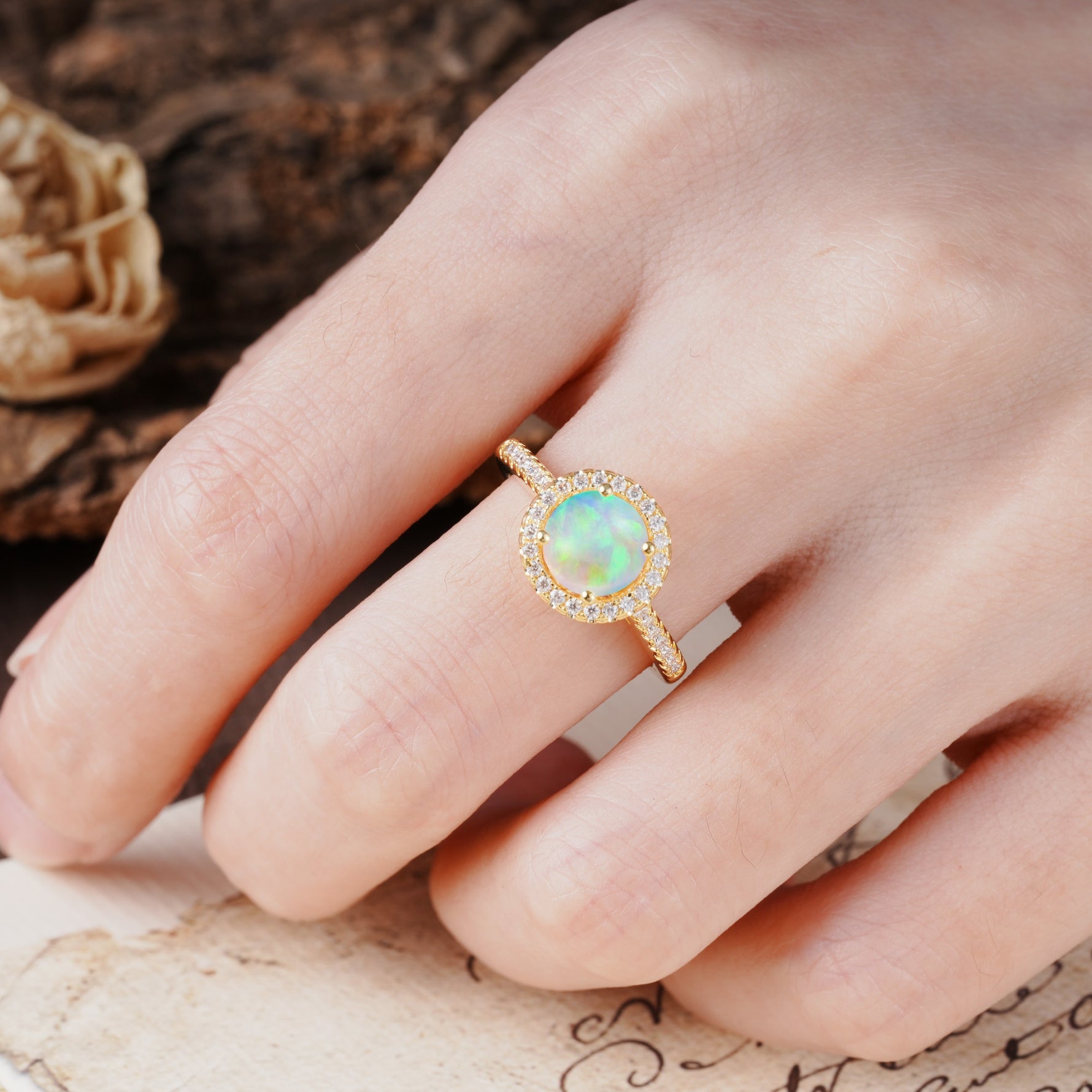 Luxurious, Vintage, and Dazzling 4-Prong Round-Cut Fire Opal Engagement Ring - Additional view