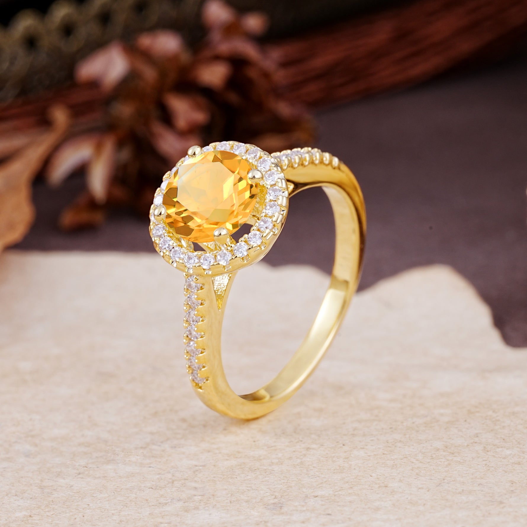 Luxurious, Vintage, and Dazzling 4-Prong Round-Cut Citrine Engagement Ring - Additional view