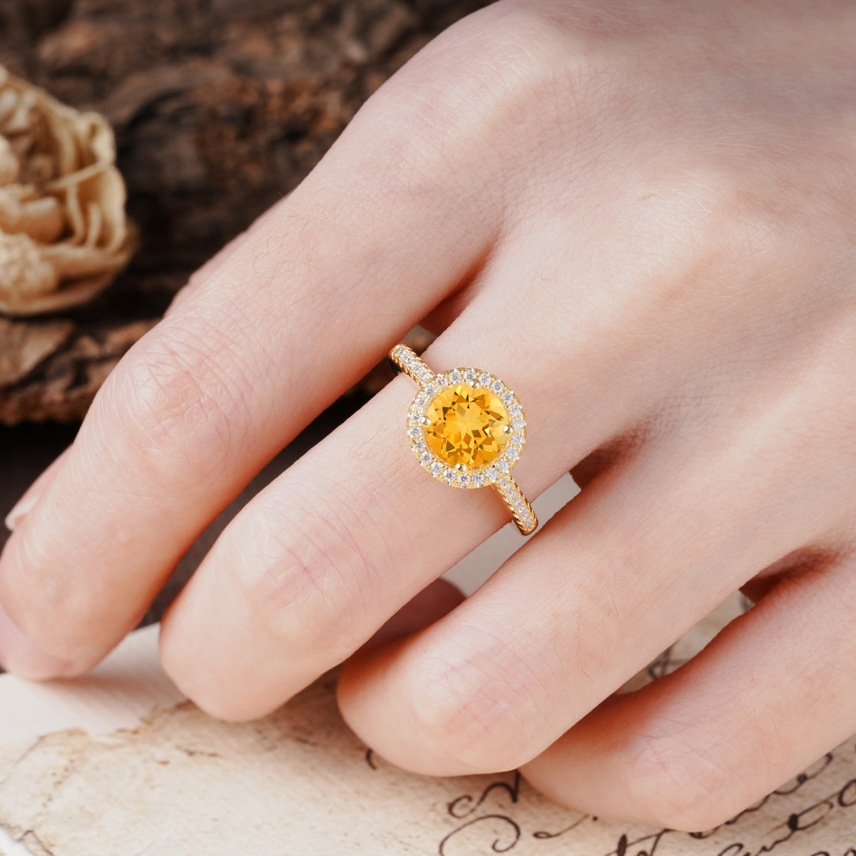 Luxurious, Vintage, and Dazzling 4-Prong Round-Cut Citrine Engagement Ring - Additional view