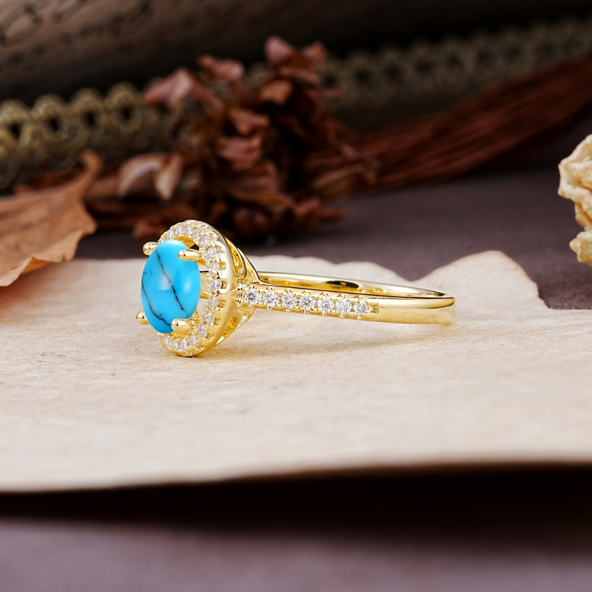 Luxurious, Vintage, and Dazzling 4-Prong Round-Cut Turquoise Engagement Ring - Additional view