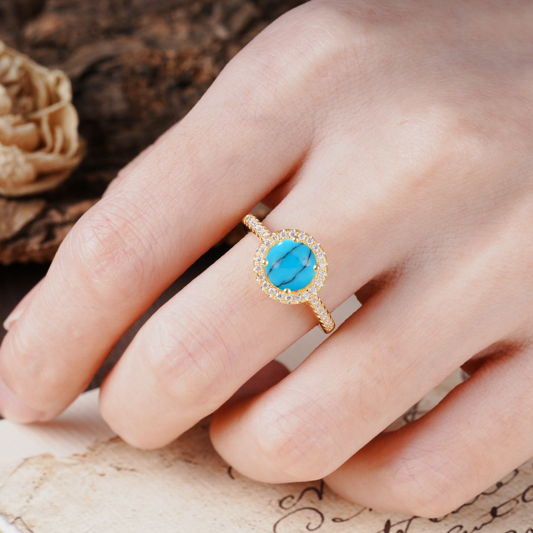 Luxurious, Vintage, and Dazzling 4-Prong Round-Cut Turquoise Engagement Ring - Additional view