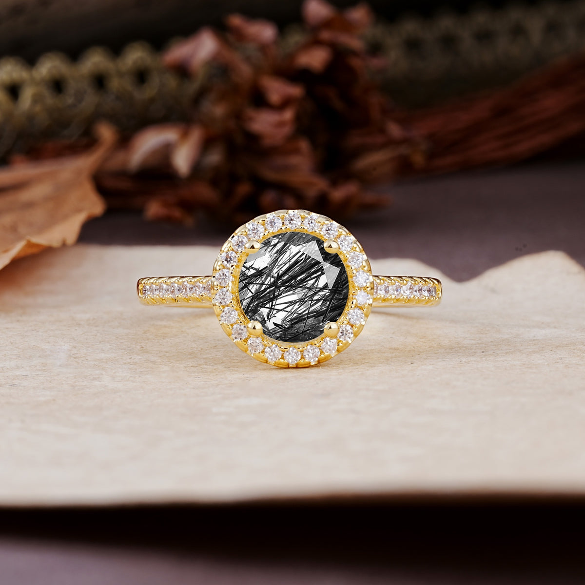 Luxurious, Vintage, and Dazzling 4-Prong Round-Cut Black Rutilated Quartz Engagement Ring - Additional view