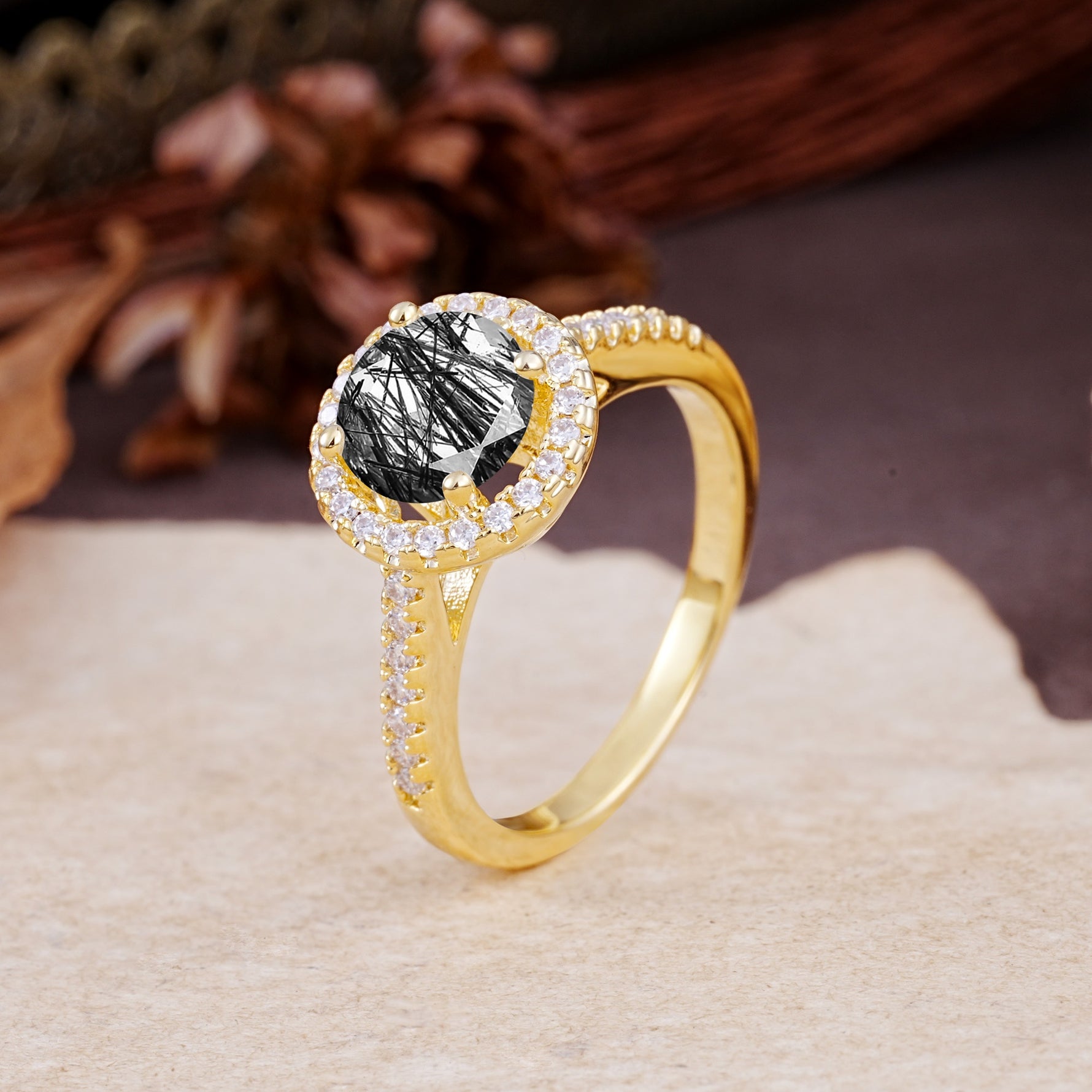 Luxurious, Vintage, and Dazzling 4-Prong Round-Cut Black Rutilated Quartz Engagement Ring - Additional view