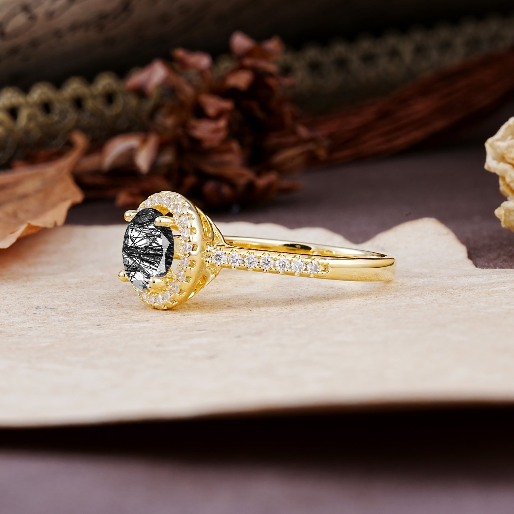 Luxurious, Vintage, and Dazzling 4-Prong Round-Cut Black Rutilated Quartz Engagement Ring - Additional view