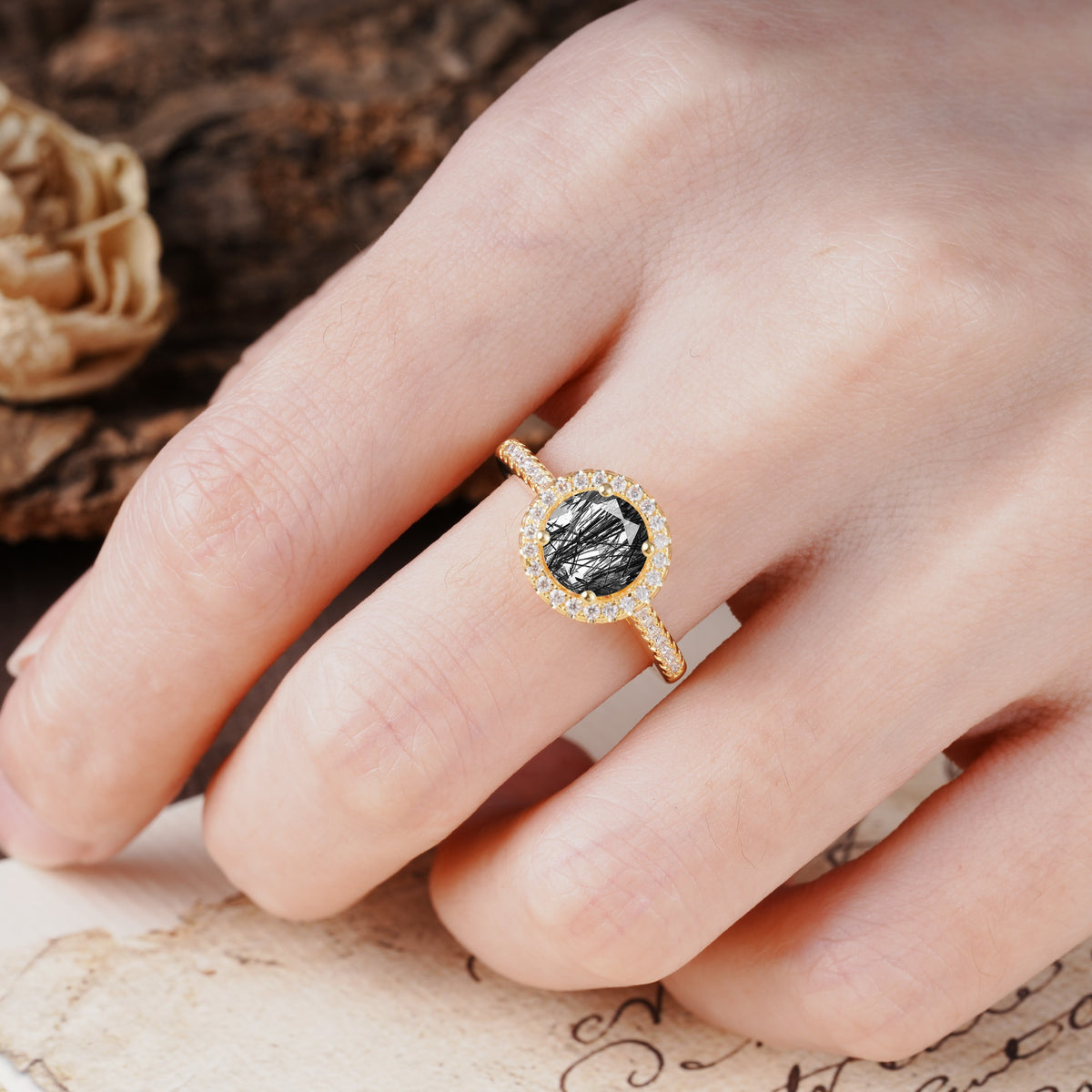 Luxurious, Vintage, and Dazzling 4-Prong Round-Cut Black Rutilated Quartz Engagement Ring - Additional view