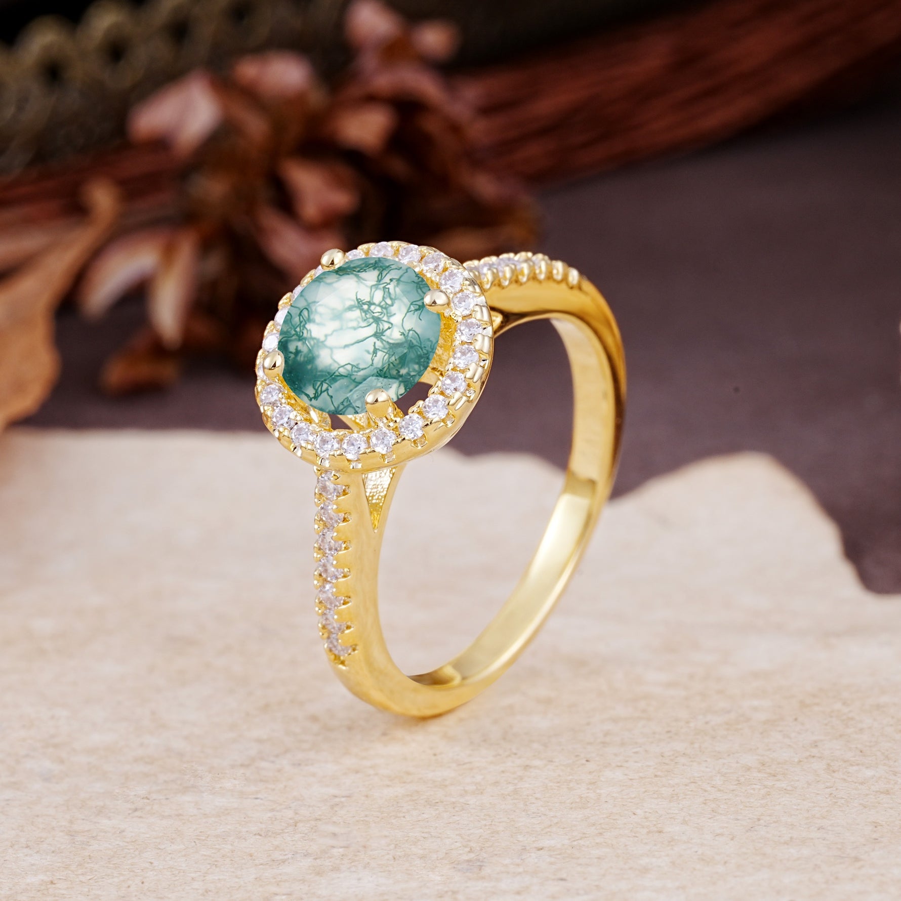 Luxurious, Vintage, and Dazzling 4-Prong Round-Cut Moss Agate Engagement Ring - Additional view