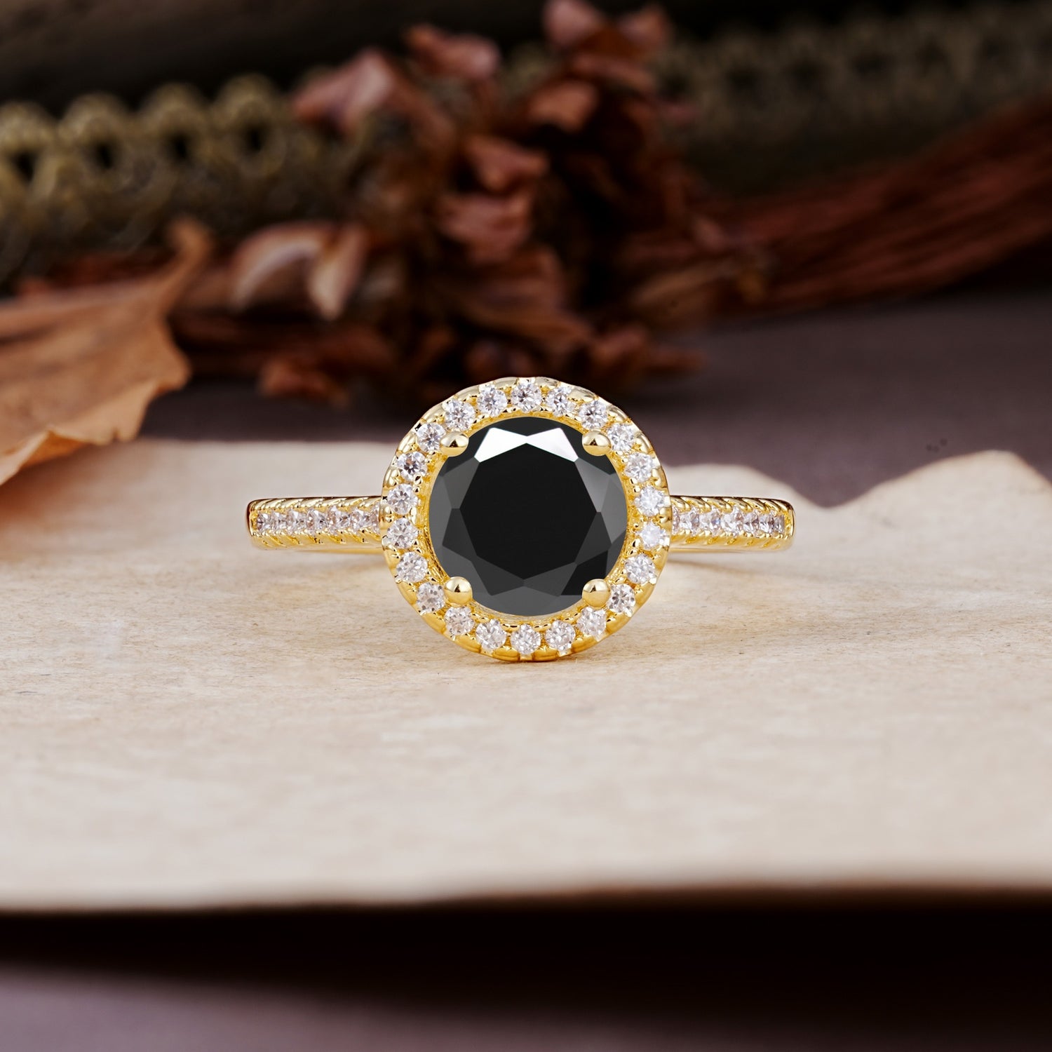 Luxurious, Vintage, and Dazzling 4-Prong Round-Cut Black Onyx Engagement Ring - Additional view