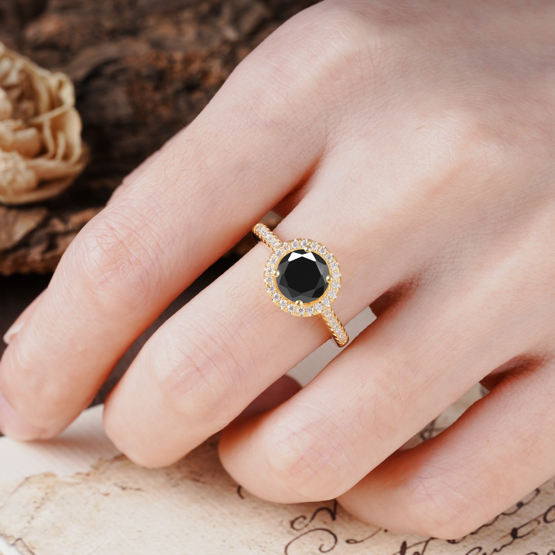 Luxurious, Vintage, and Dazzling 4-Prong Round-Cut Black Onyx Engagement Ring - Additional view