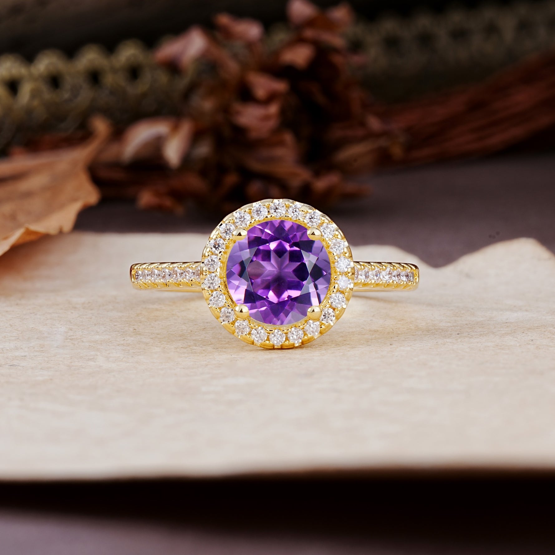 Luxurious, Vintage, and Dazzling 4-Prong Round-Cut Amethyst Engagement Ring - Additional view