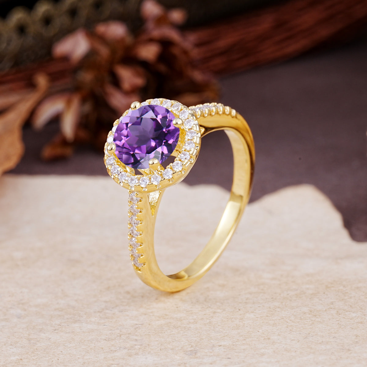 Luxurious, Vintage, and Dazzling 4-Prong Round-Cut Amethyst Engagement Ring - Additional view