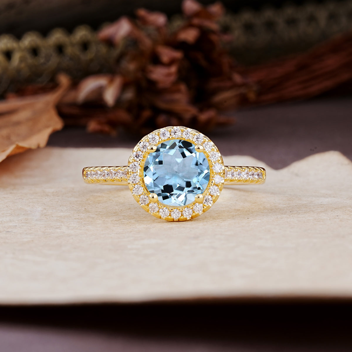 Luxurious, Vintage, and Dazzling 4-Prong Round-Cut Aquamarine Engagement Ring - Additional view