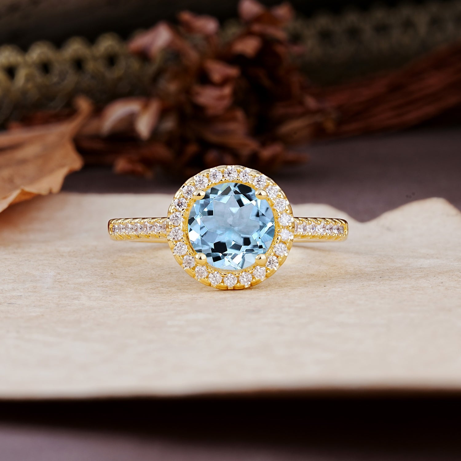 Luxurious, Vintage, and Dazzling 4-Prong Round-Cut Aquamarine Engagement Ring - Additional view