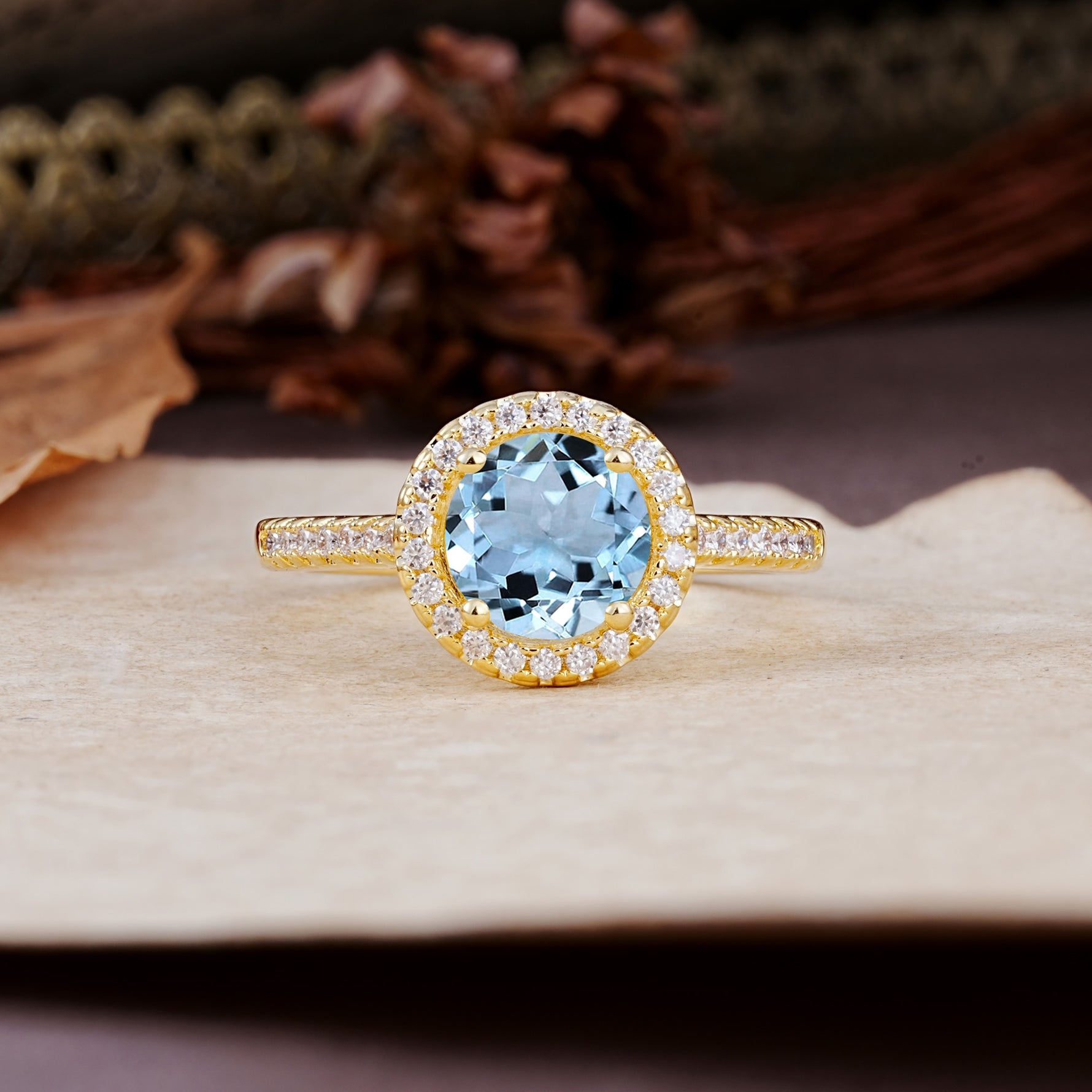 Luxurious, Vintage, and Dazzling 4-Prong Round-Cut Aquamarine Engagement Ring - Additional view