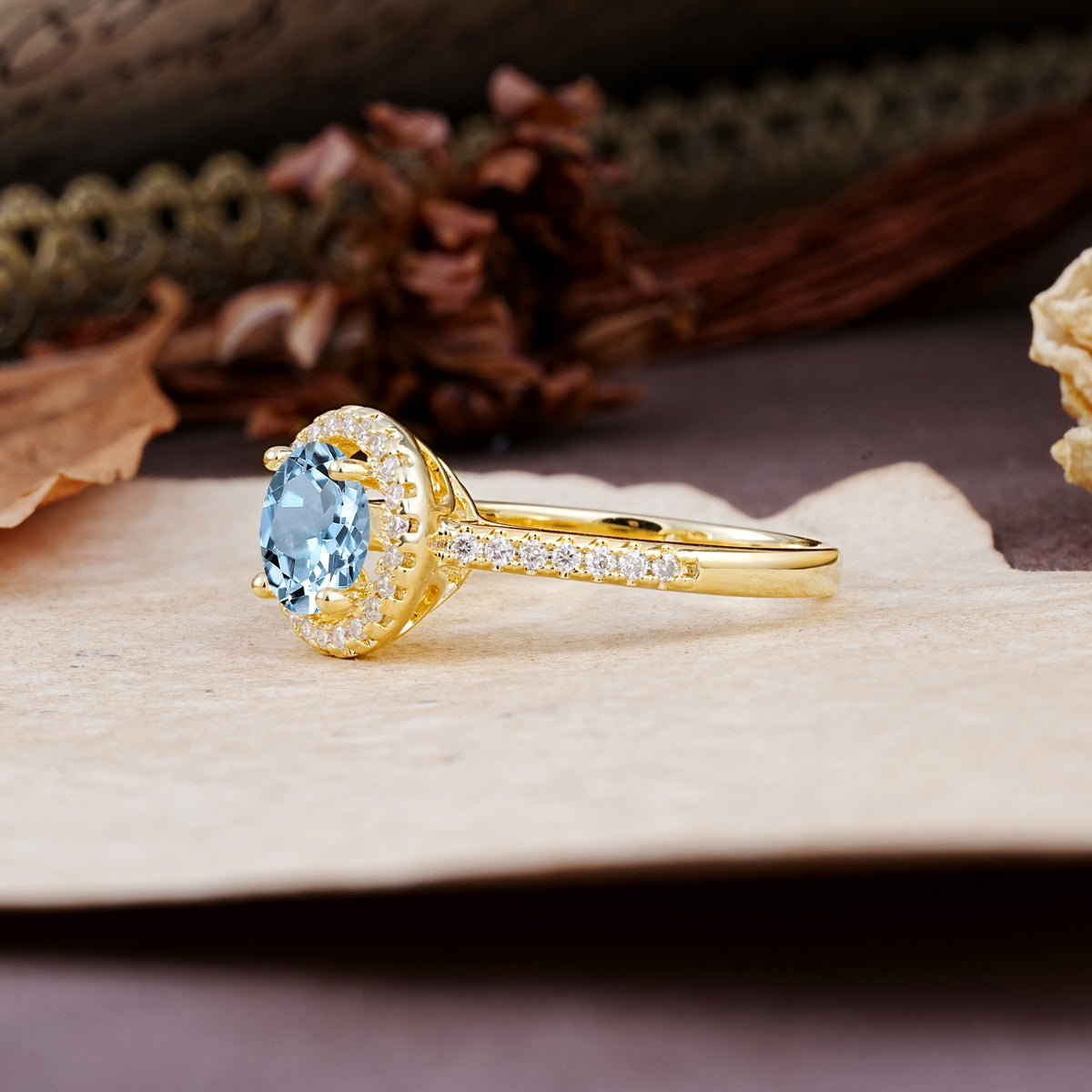 Luxurious, Vintage, and Dazzling 4-Prong Round-Cut Aquamarine Engagement Ring - Additional view