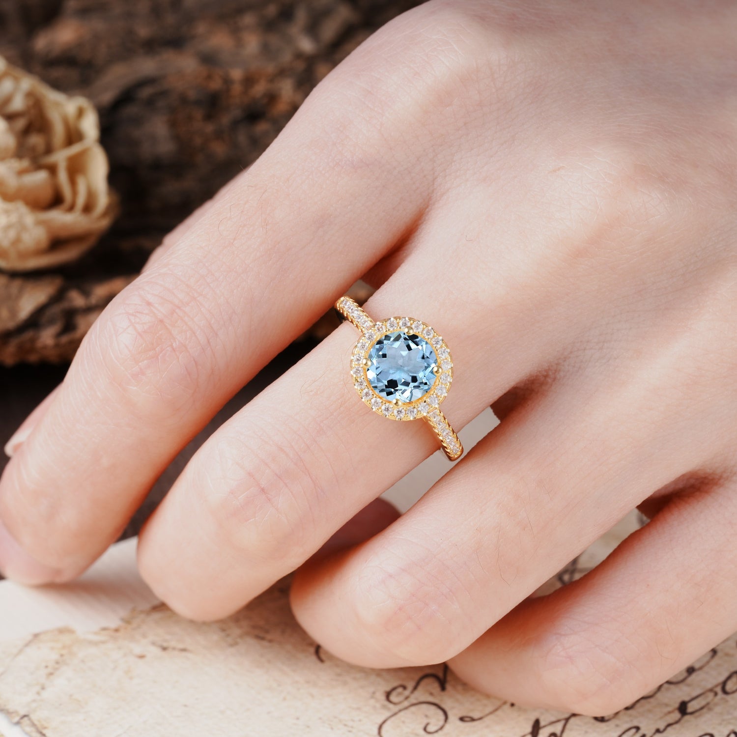 Luxurious, Vintage, and Dazzling 4-Prong Round-Cut Aquamarine Engagement Ring - Additional view