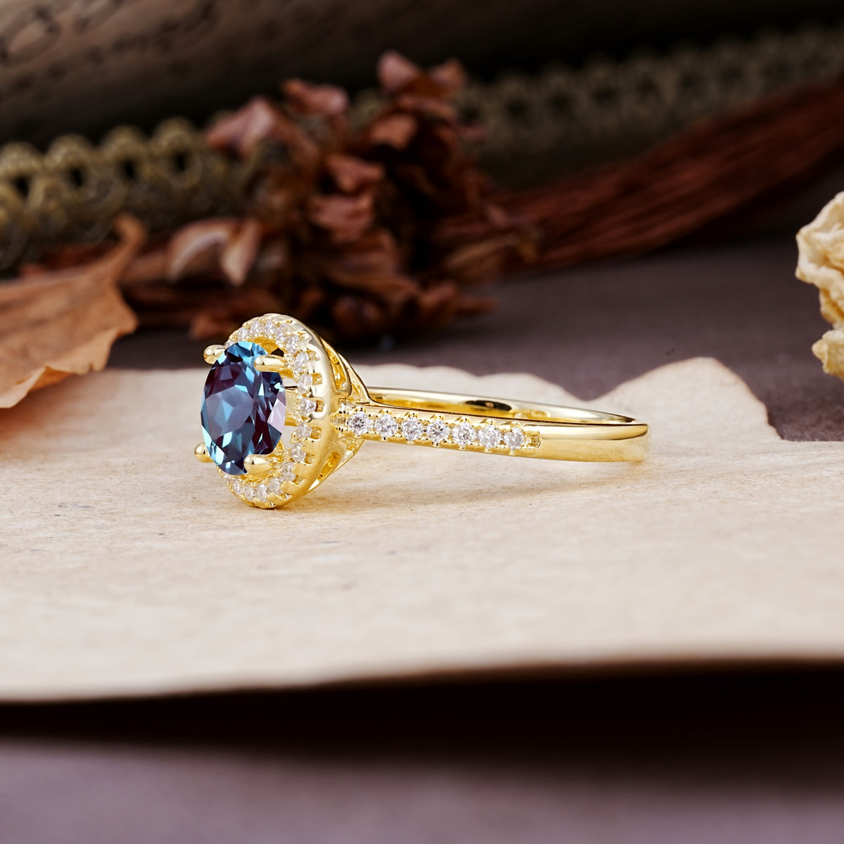 Luxurious, Vintage, and Dazzling 4-Prong Round-Cut Alexandrite Engagement Ring - Additional view