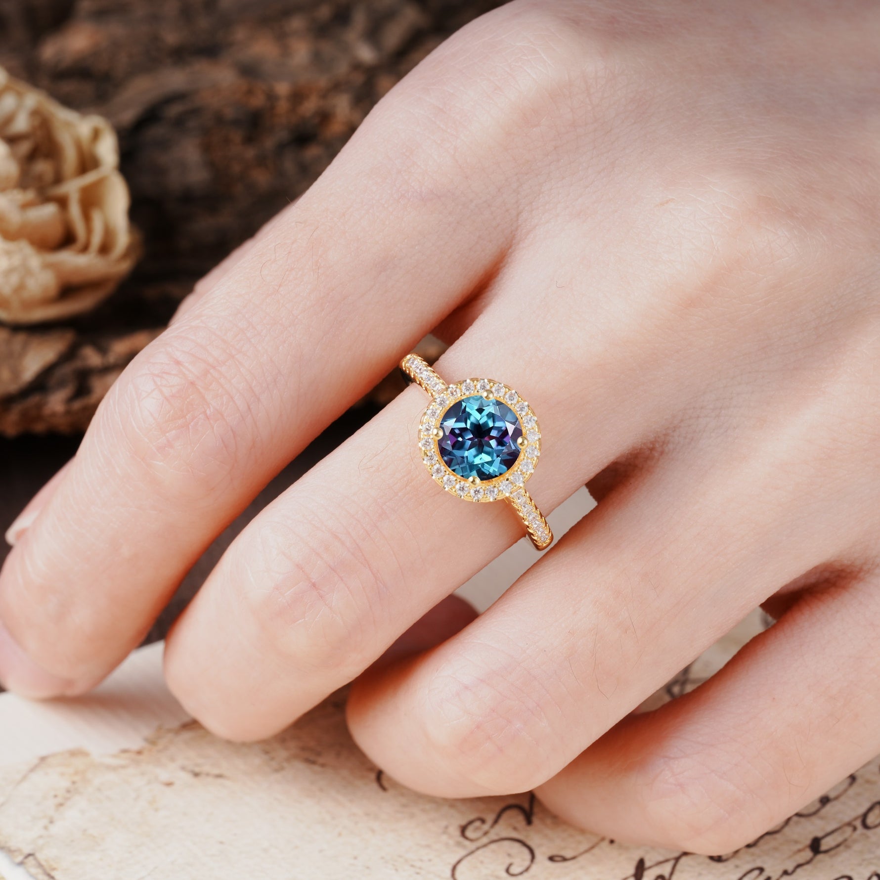 Luxurious, Vintage, and Dazzling 4-Prong Round-Cut Alexandrite Engagement Ring - Additional view