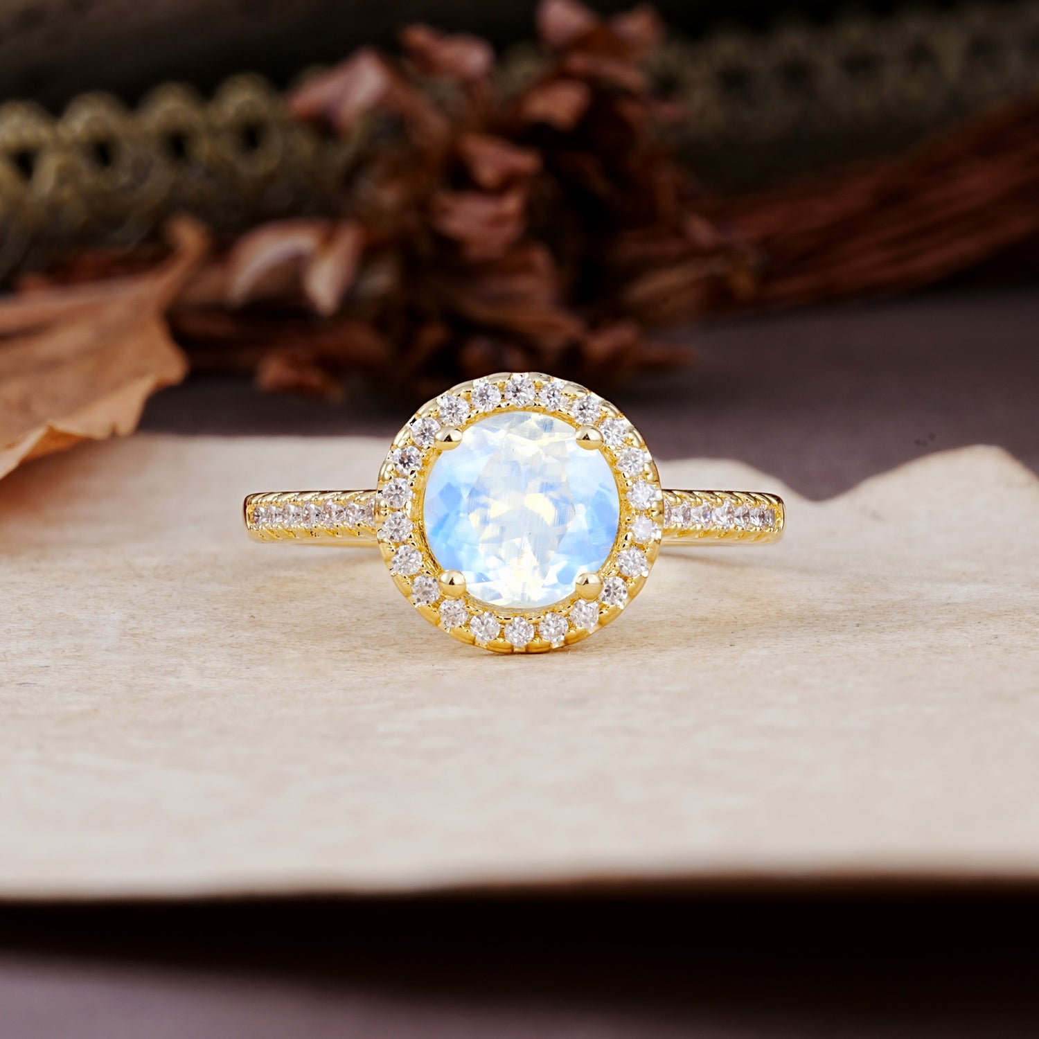 Luxurious, Vintage, and Dazzling 4-Prong Round-Cut Moonstone Engagement Ring - Additional view
