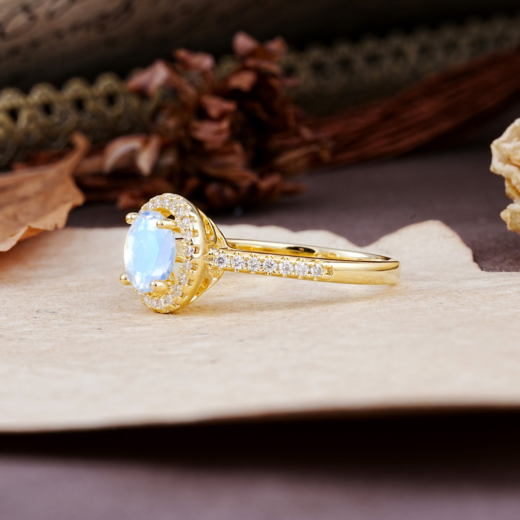 Luxurious, Vintage, and Dazzling 4-Prong Round-Cut Moonstone Engagement Ring - Additional view